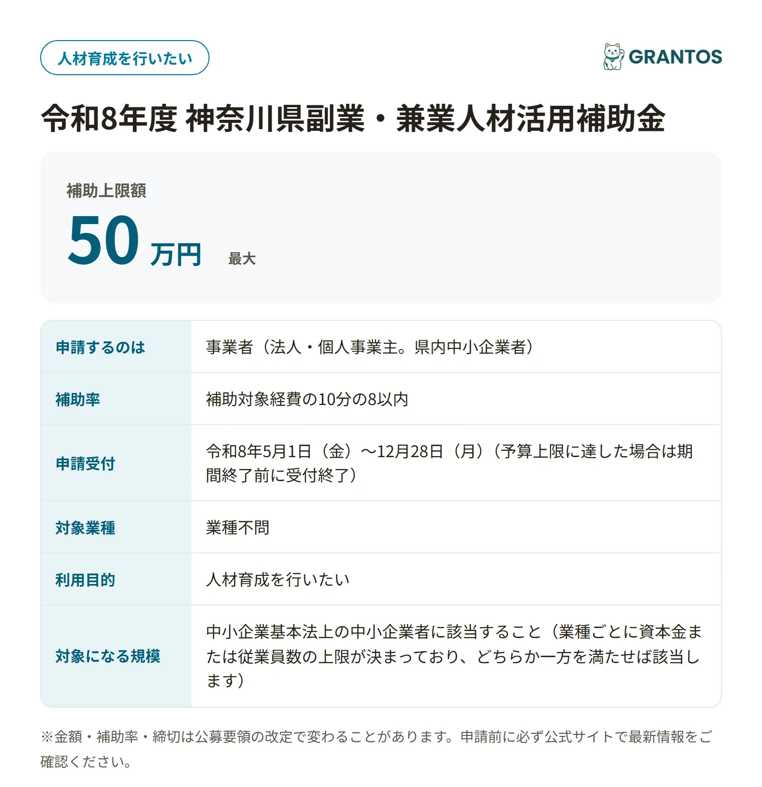 神奈川県副業・兼業人材活用補助金の対象・金額・締切の概要