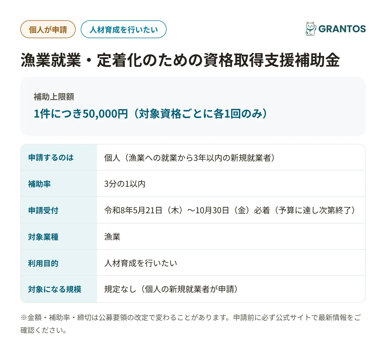 漁業就業・定着化のための資格取得支援補助金の対象・金額・締切の概要