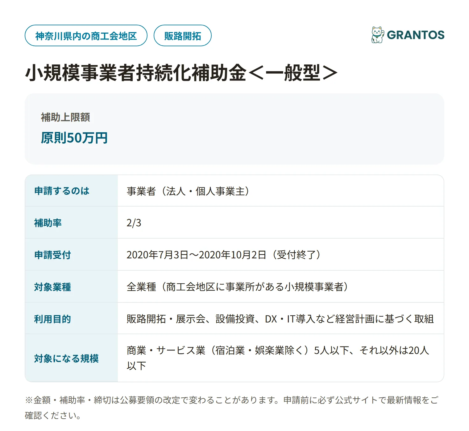 小規模事業者持続化補助金＜一般型＞第3回の対象・金額・締切の概要