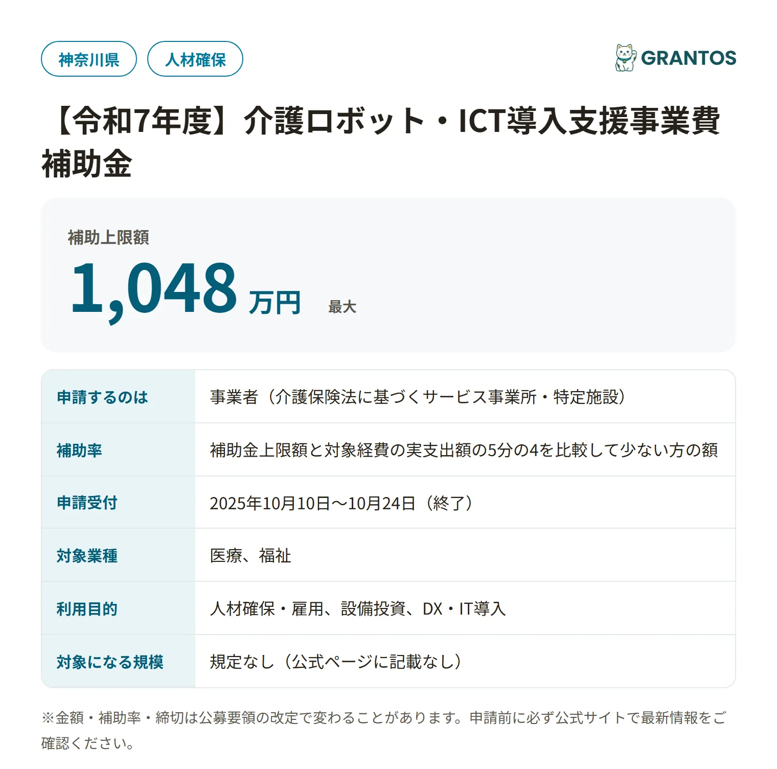 神奈川県介護ロボット・ICT導入支援事業費補助金(パッケージ型)の対象・金額・締切の概要