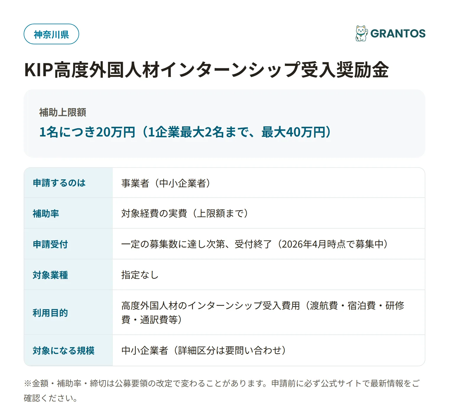 KIP高度外国人材インターンシップ受入奨励金の対象・金額・締切の概要