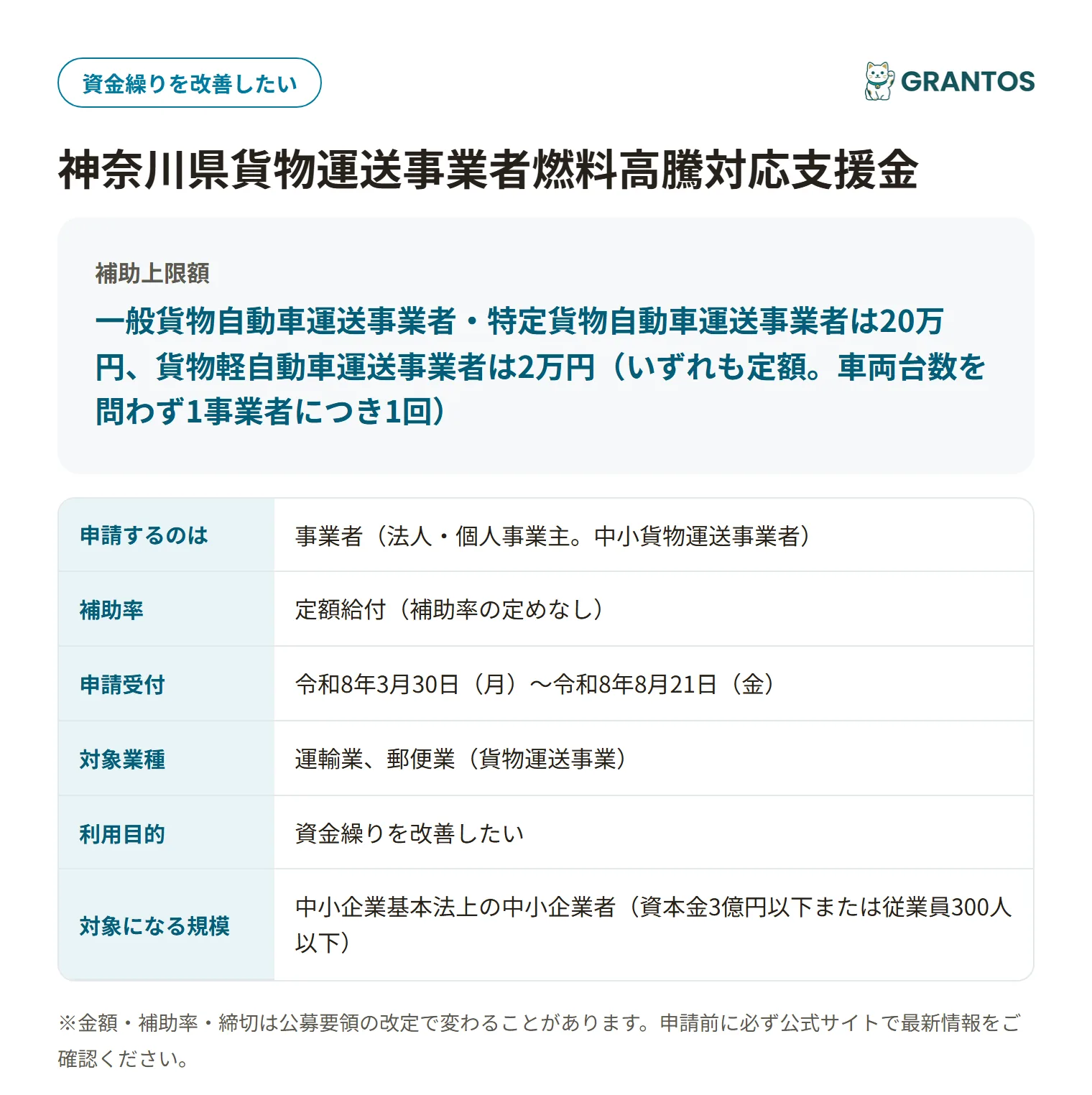 神奈川県貨物運送事業者燃料高騰対応支援金の対象・金額・締切の概要