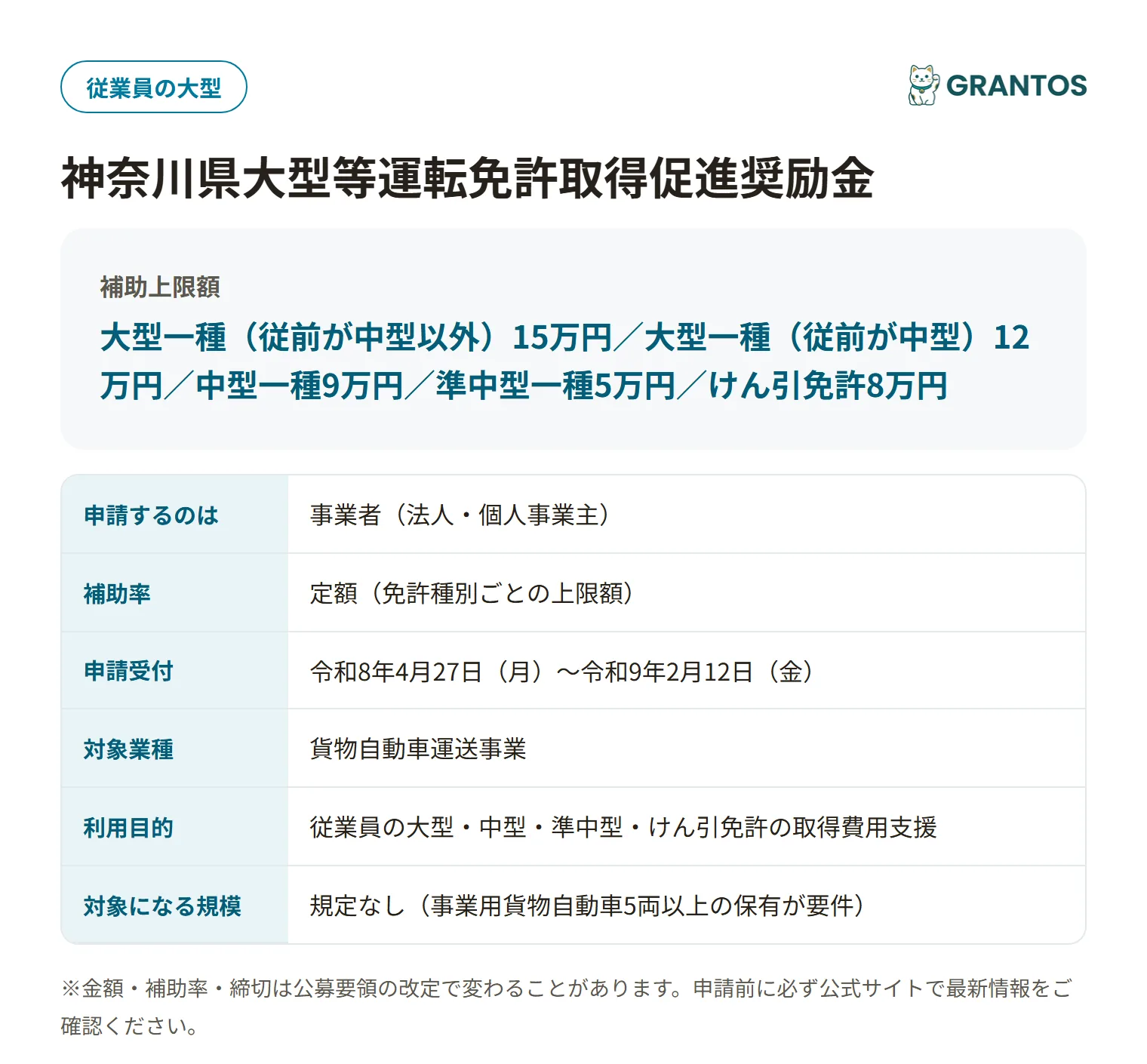 神奈川県大型等運転免許取得促進奨励金の対象・金額・締切の概要
