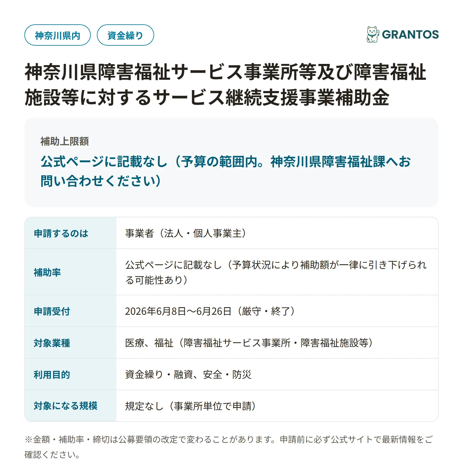 神奈川県障害福祉サービス事業所等サービス継続支援事業補助金の対象・金額・締切の概要