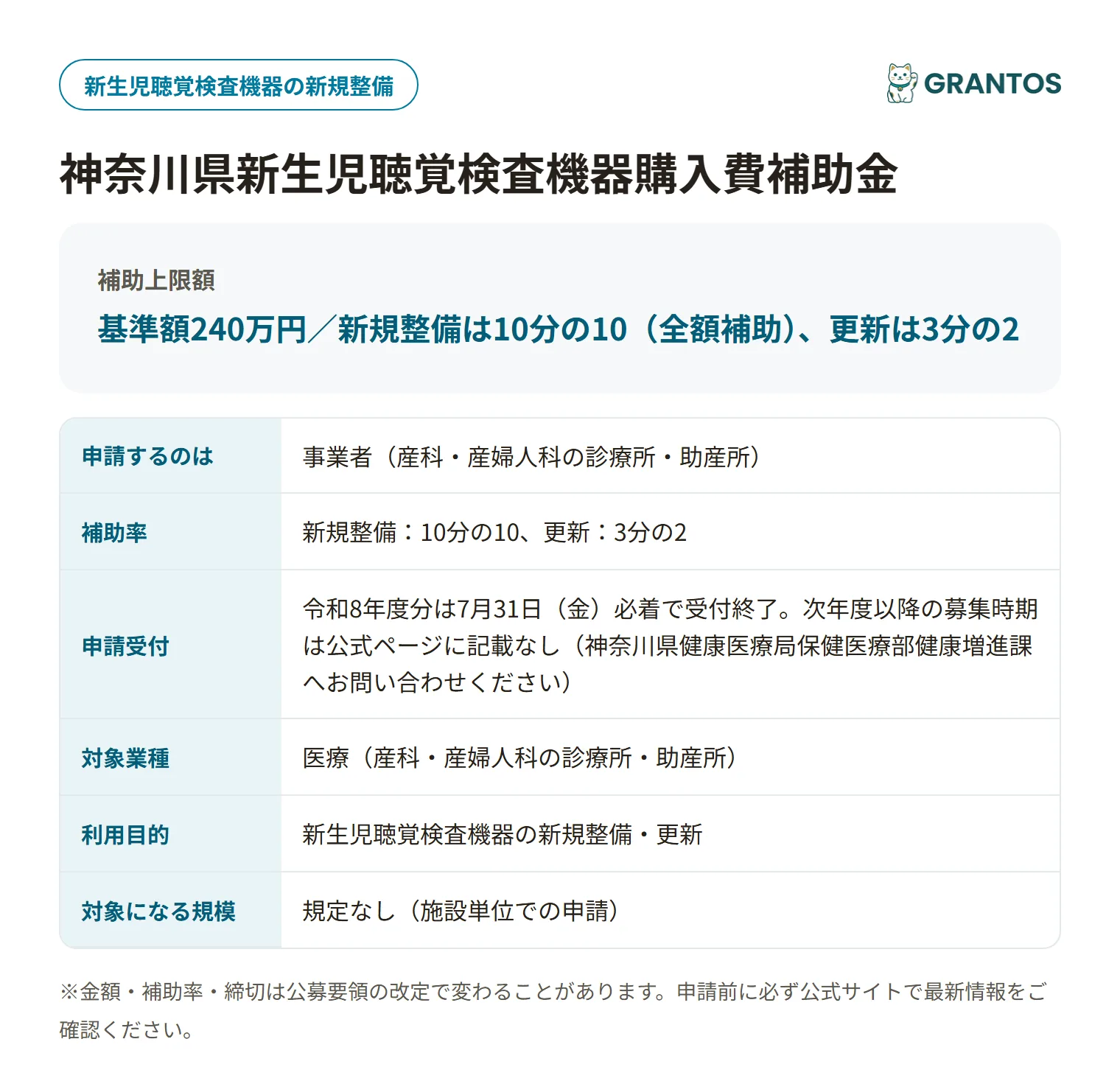 神奈川県新生児聴覚検査機器購入費補助金の対象・金額・締切の概要