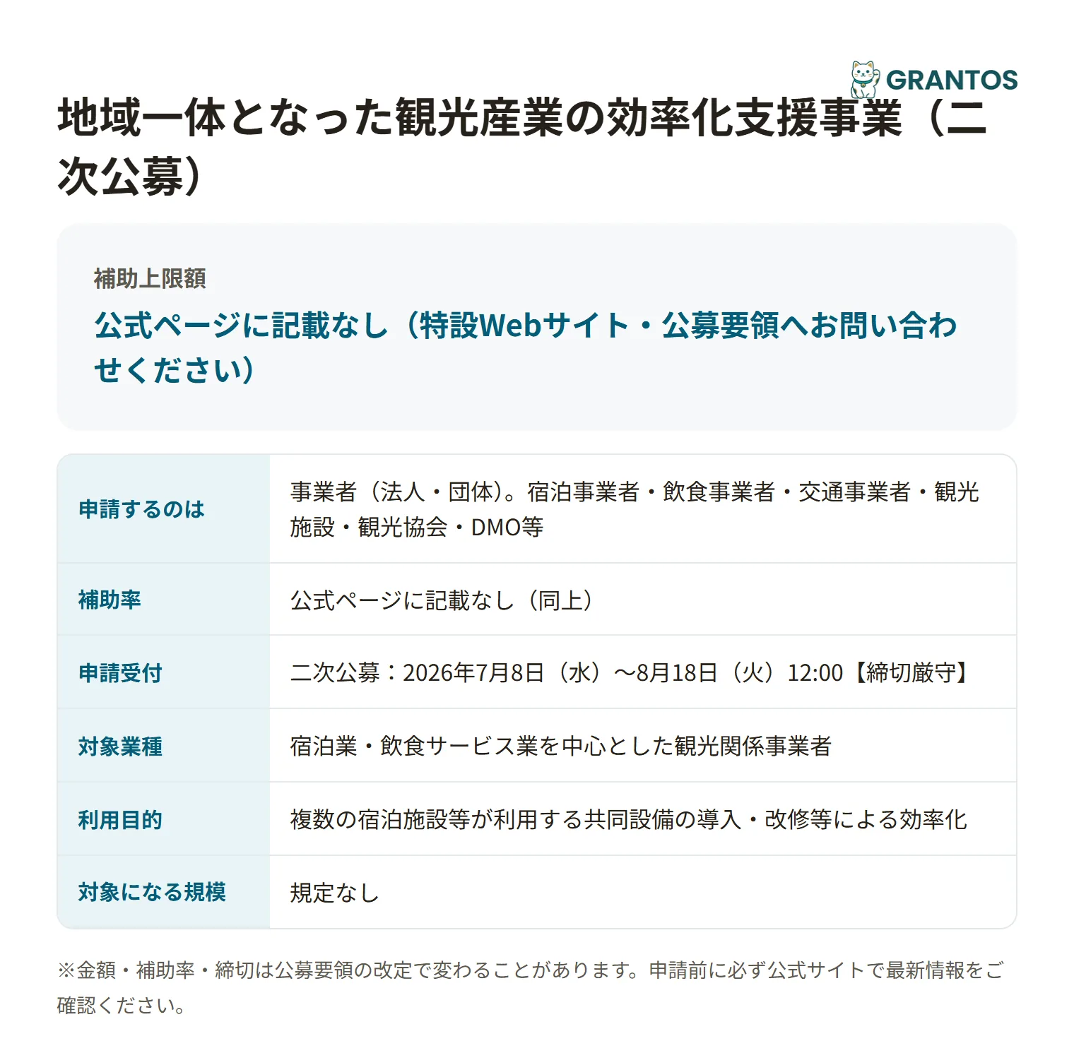 観光産業の効率化支援事業の対象・金額・締切の概要