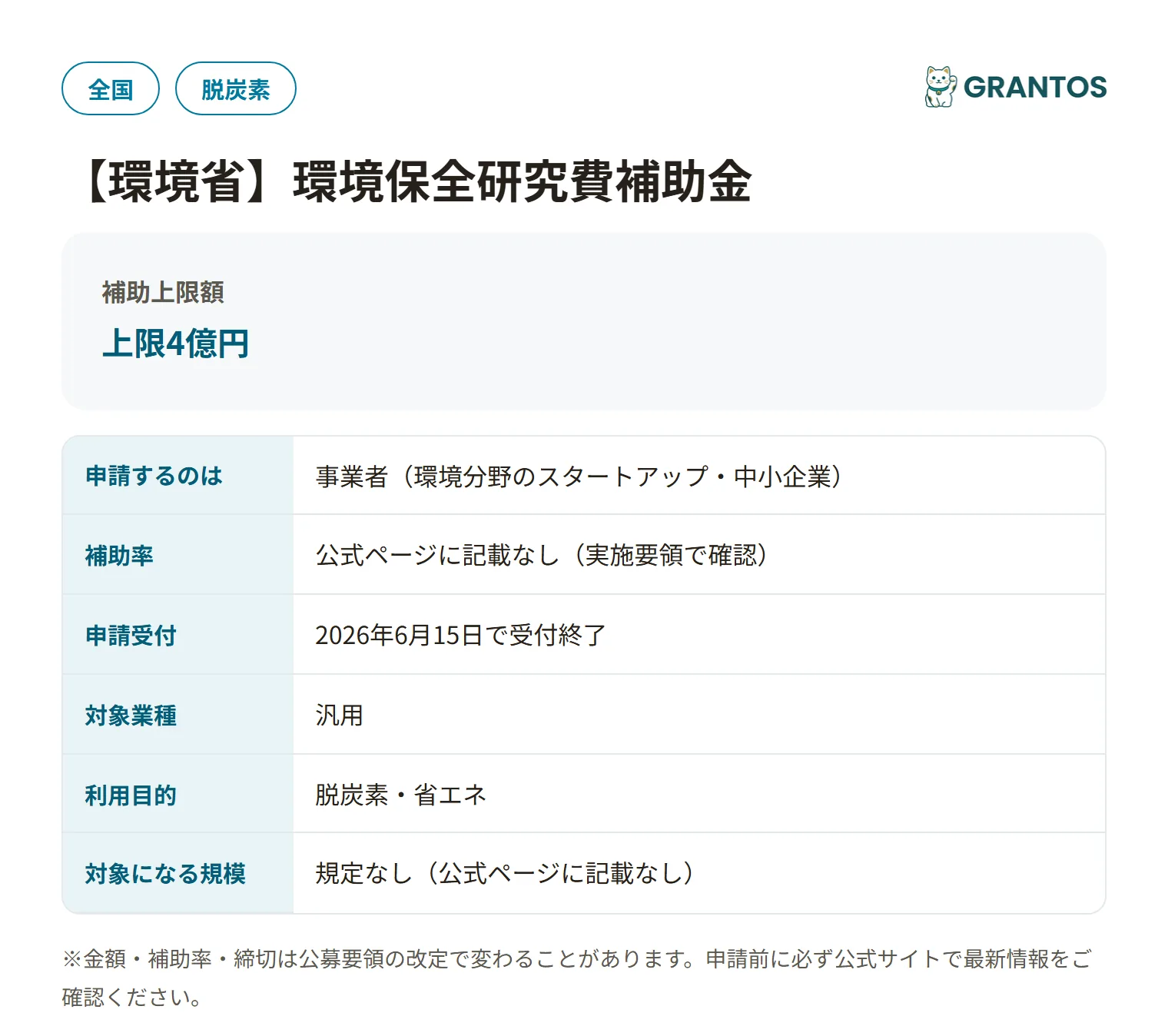 環境保全研究費補助金フェーズ3（大規模技術開発実証）支援事業の対象・金額・締切の概要