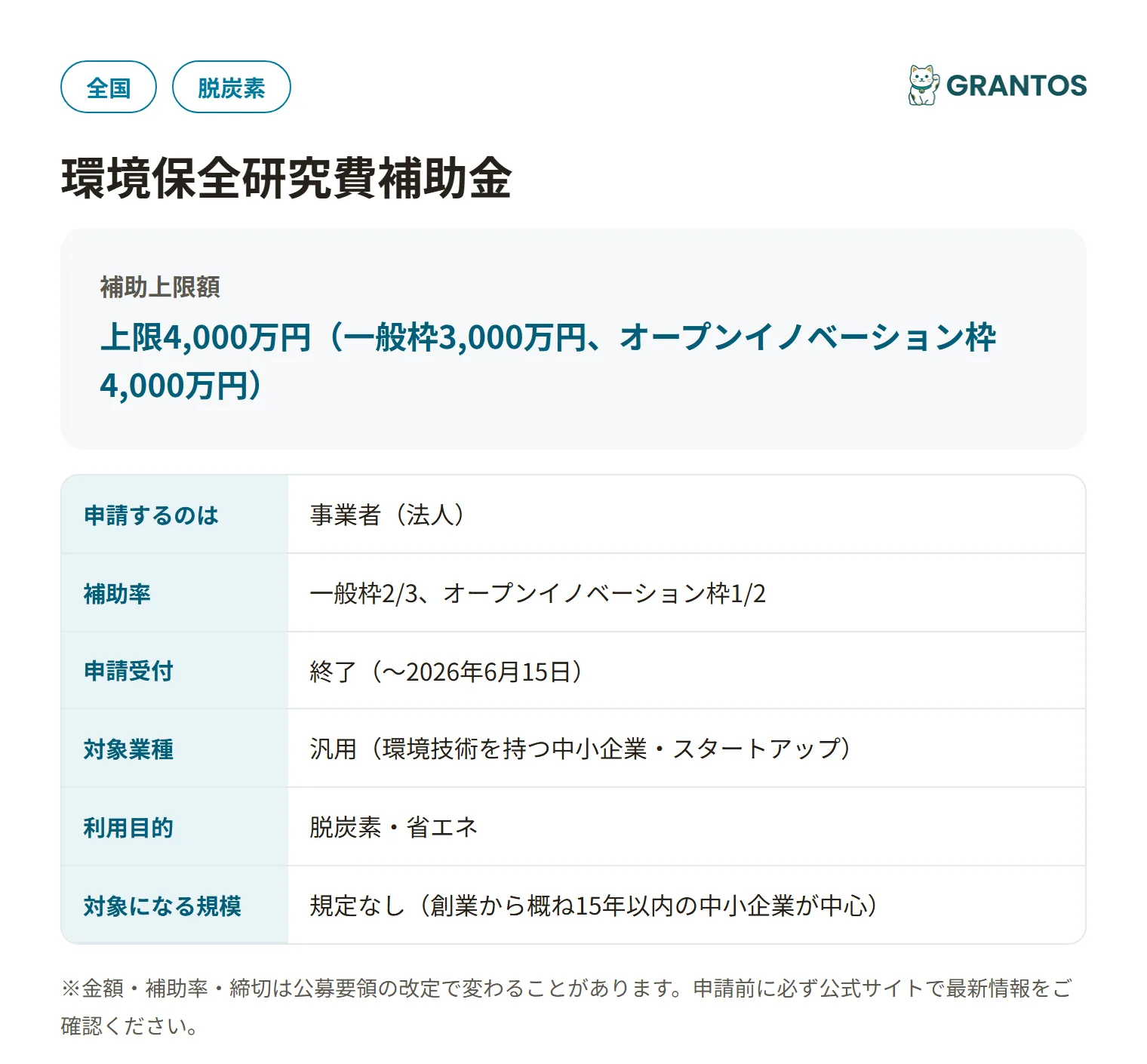 環境保全研究費補助金（環境スタートアップ研究開発支援事業フェーズ2）の対象・金額・締切の概要