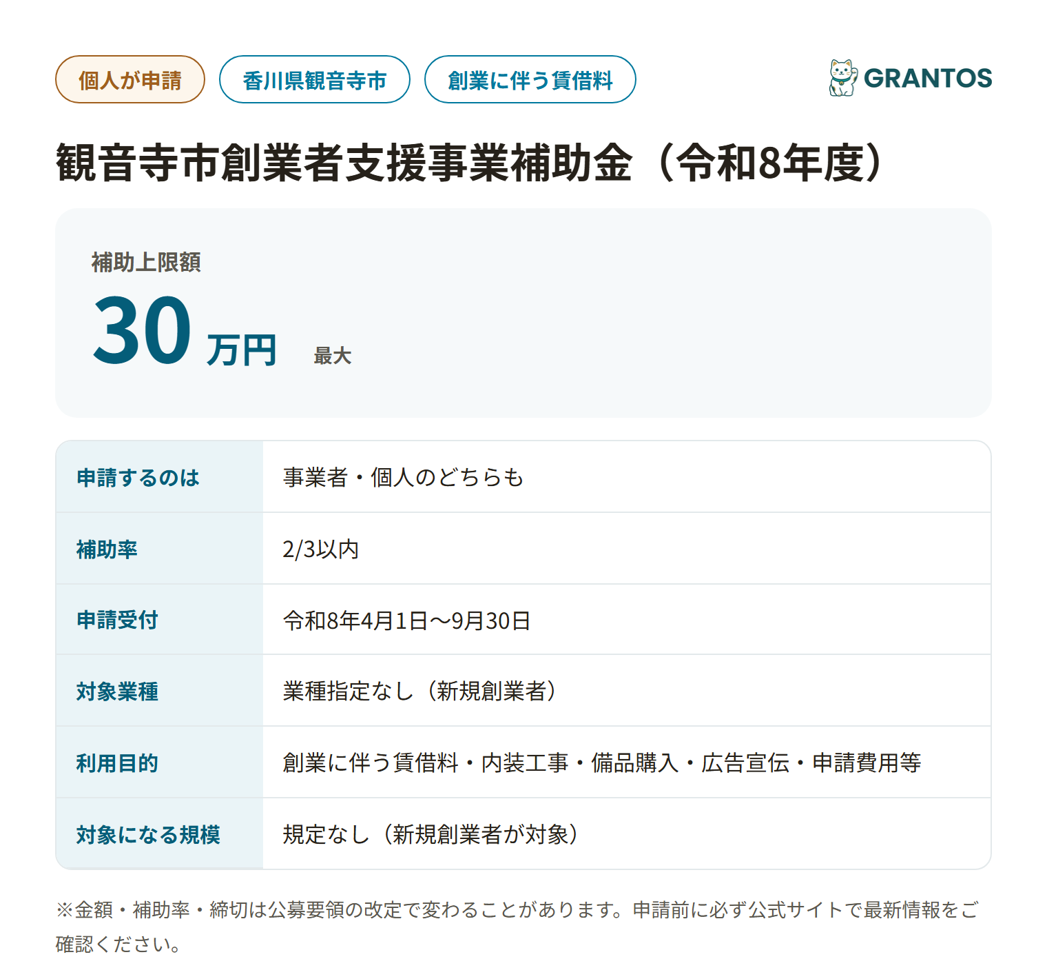 観音寺市 創業者支援事業補助金の対象・金額・締切の概要