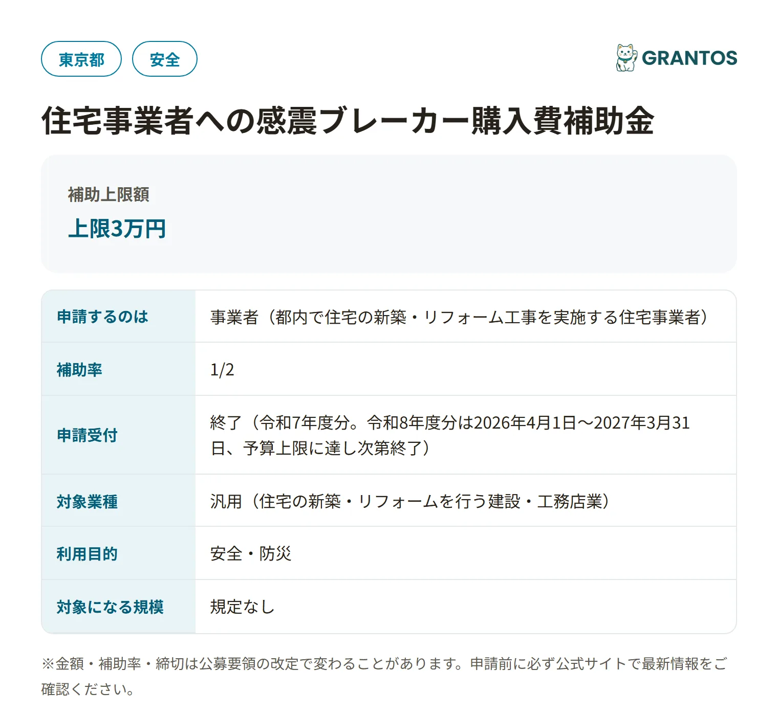感震ブレーカー購入費補助金の対象・金額・締切の概要