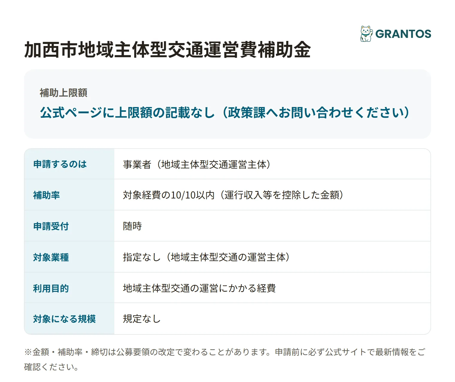 加西市地域主体型交通運営費補助金の対象・金額・締切の概要