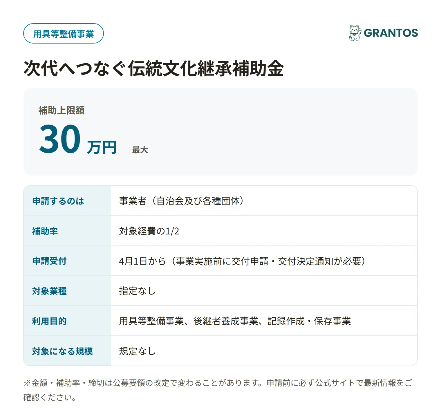 次代へつなぐ伝統文化継承補助金の対象・金額・締切の概要
