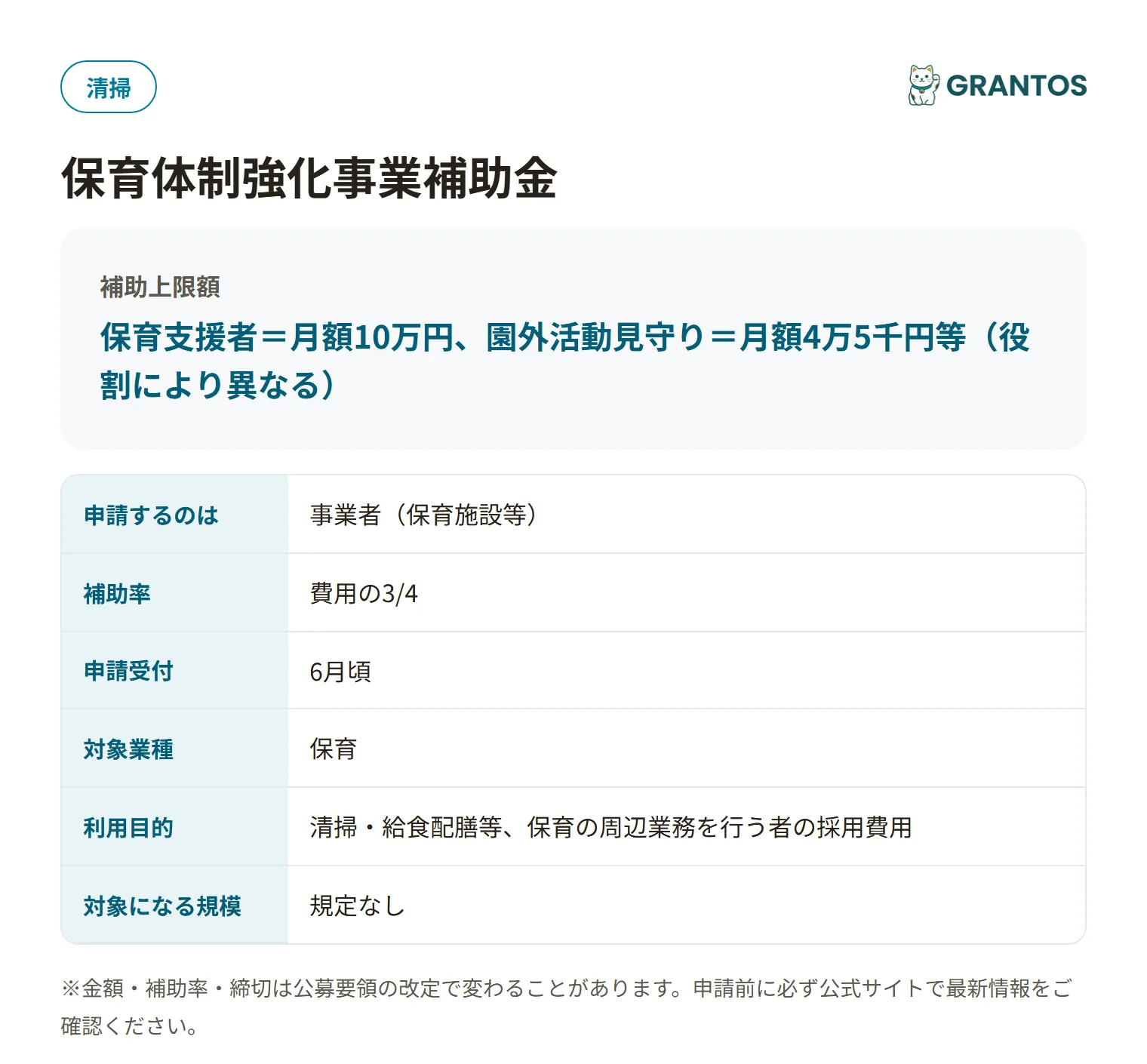 保育体制強化事業補助金の対象・金額・締切の概要
