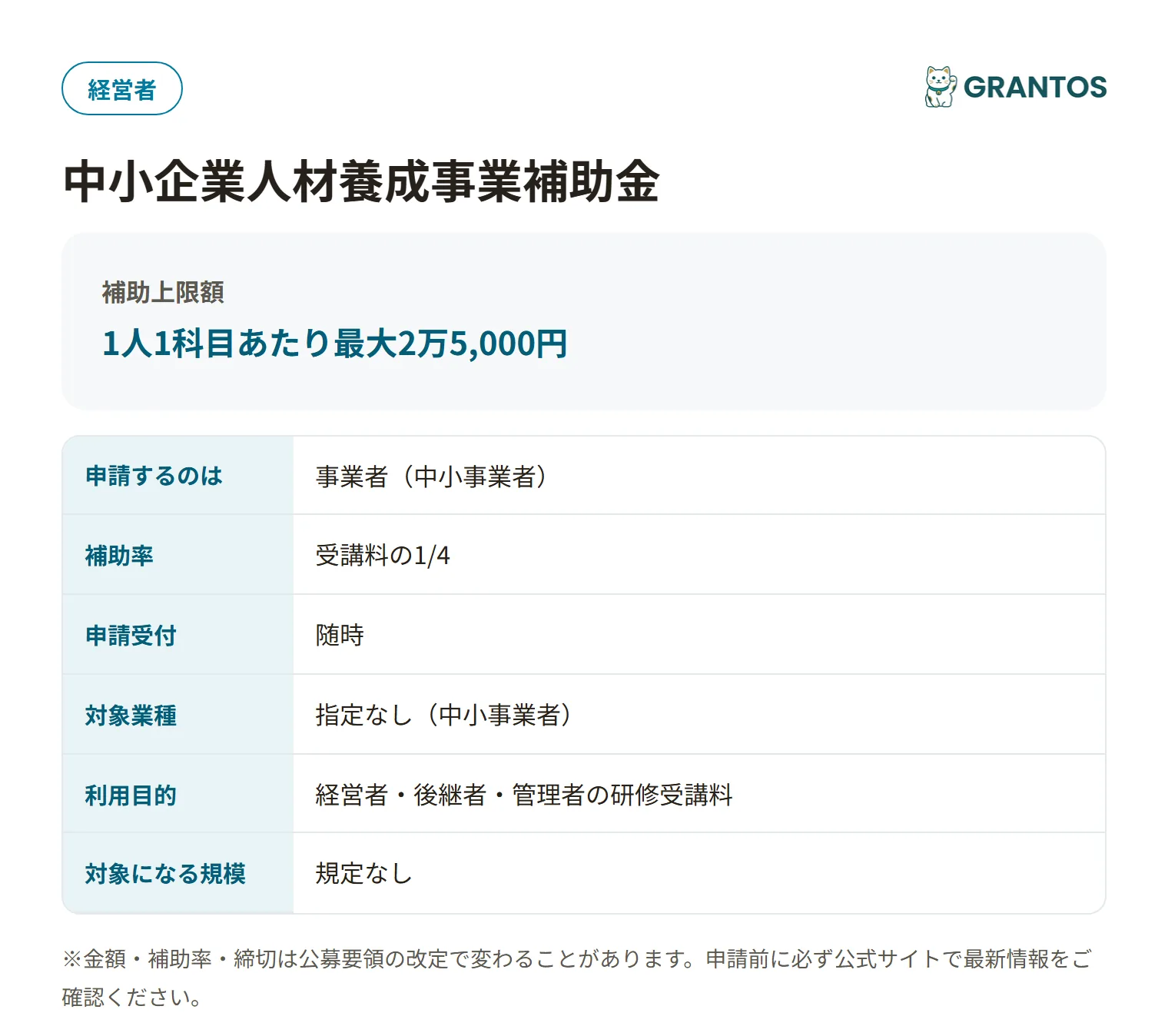 中小企業人材養成事業補助金の対象・金額・締切の概要