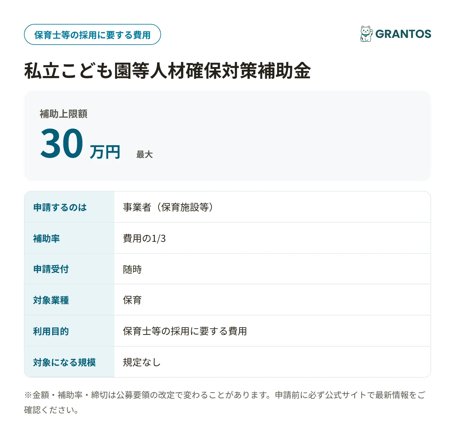 私立こども園等人材確保対策補助金の対象・金額・締切の概要