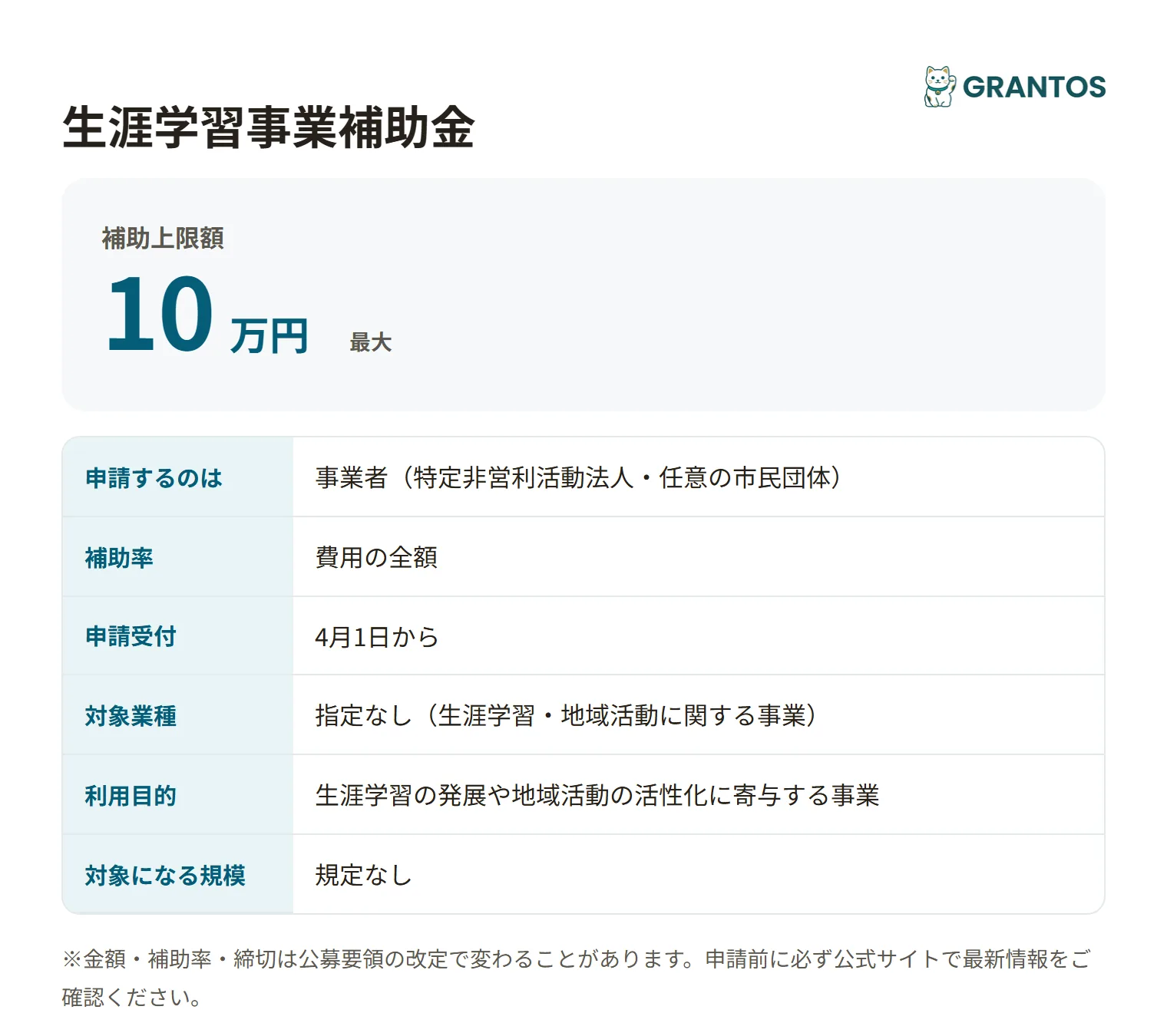 生涯学習事業補助金の対象・金額・締切の概要