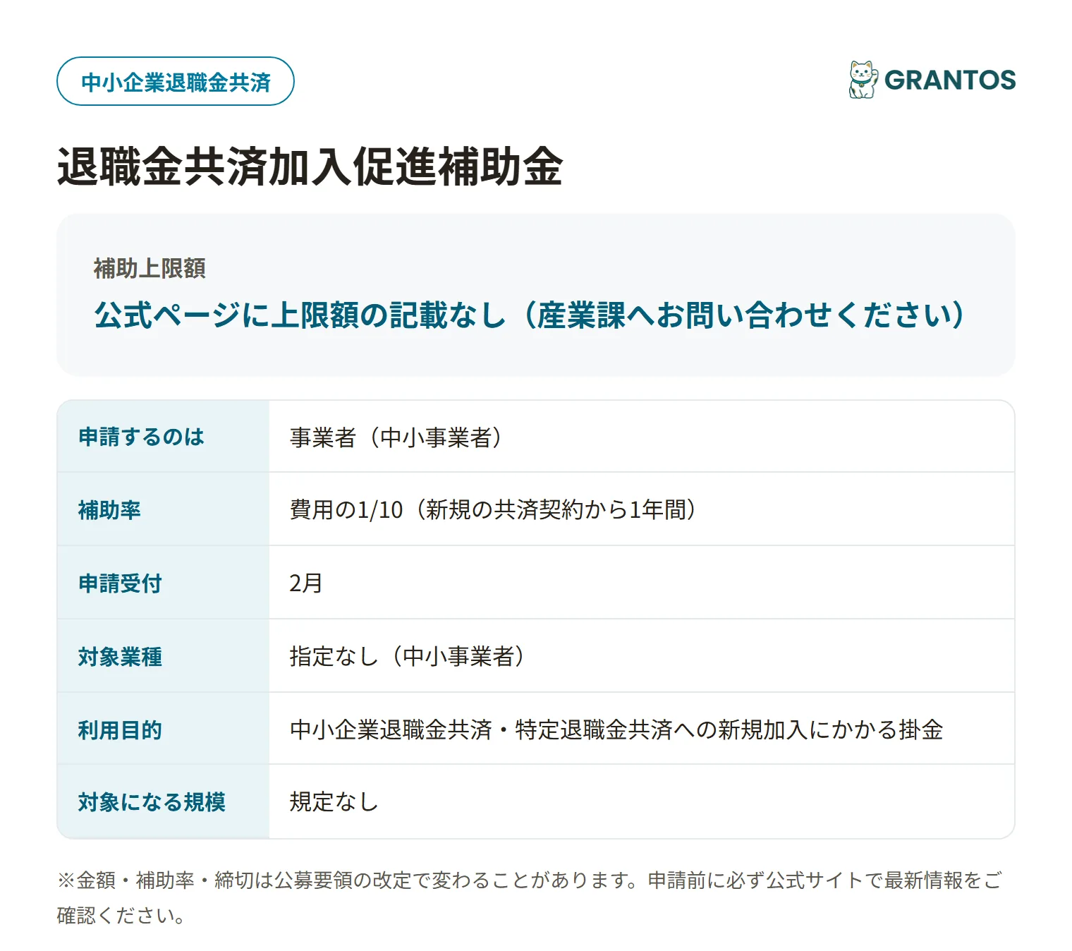 退職金共済加入促進補助金の対象・金額・締切の概要