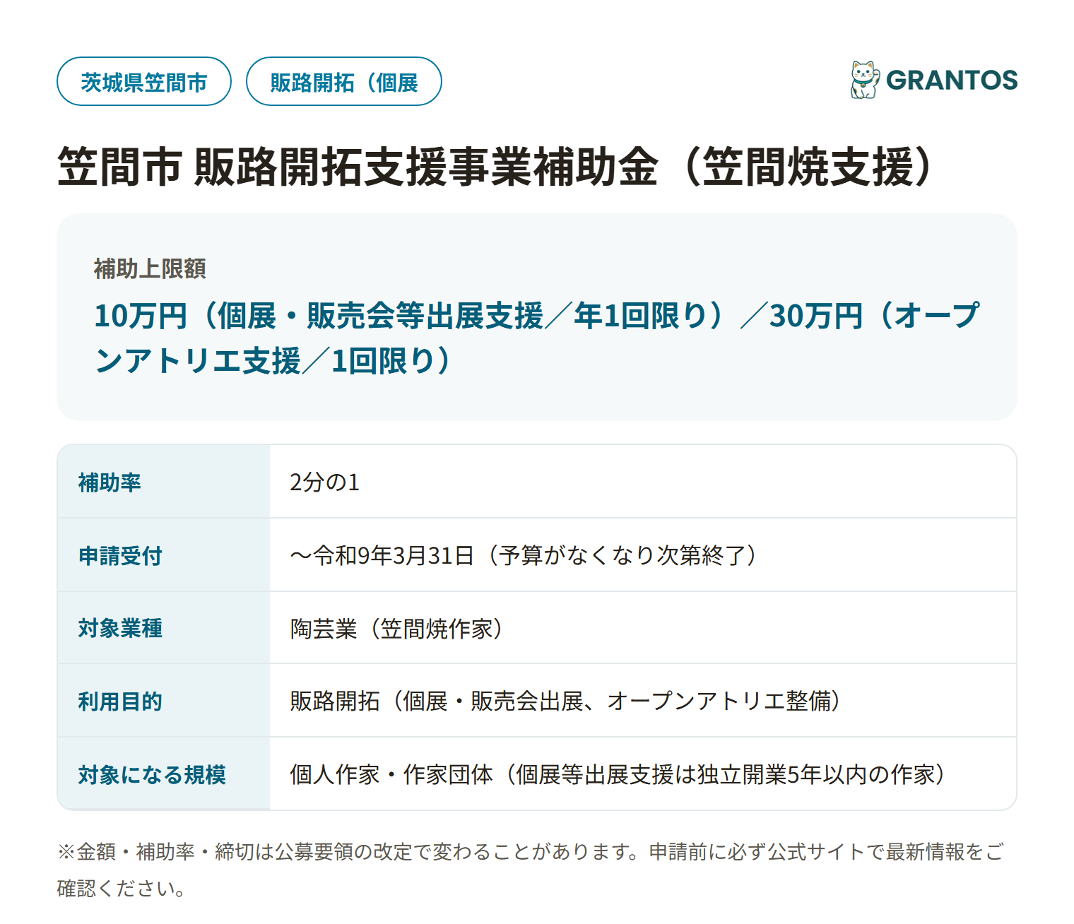 笠間市販路開拓支援事業補助金の対象・金額・締切の概要