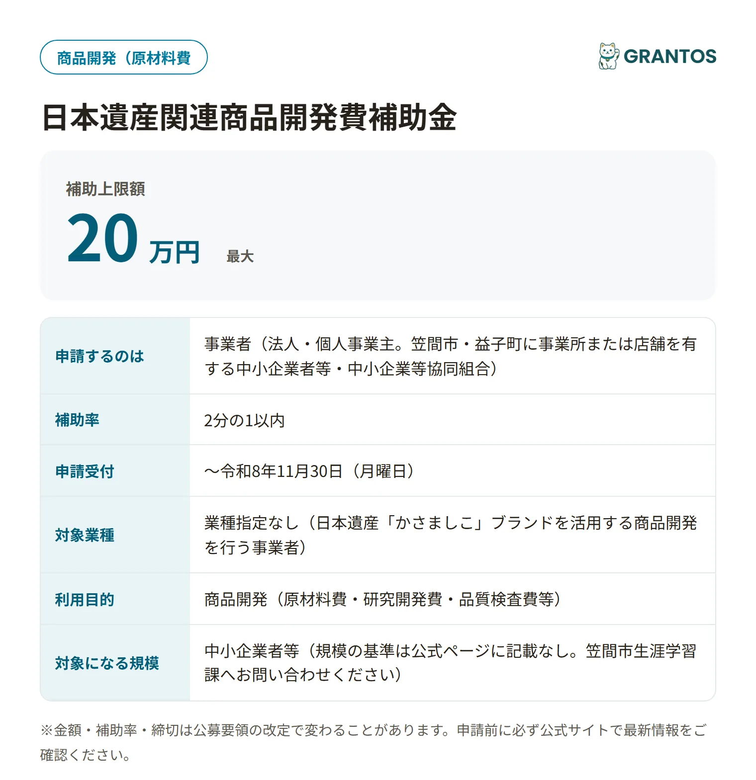 笠間市日本遺産関連商品開発費補助金の対象・補助率・締切の概要