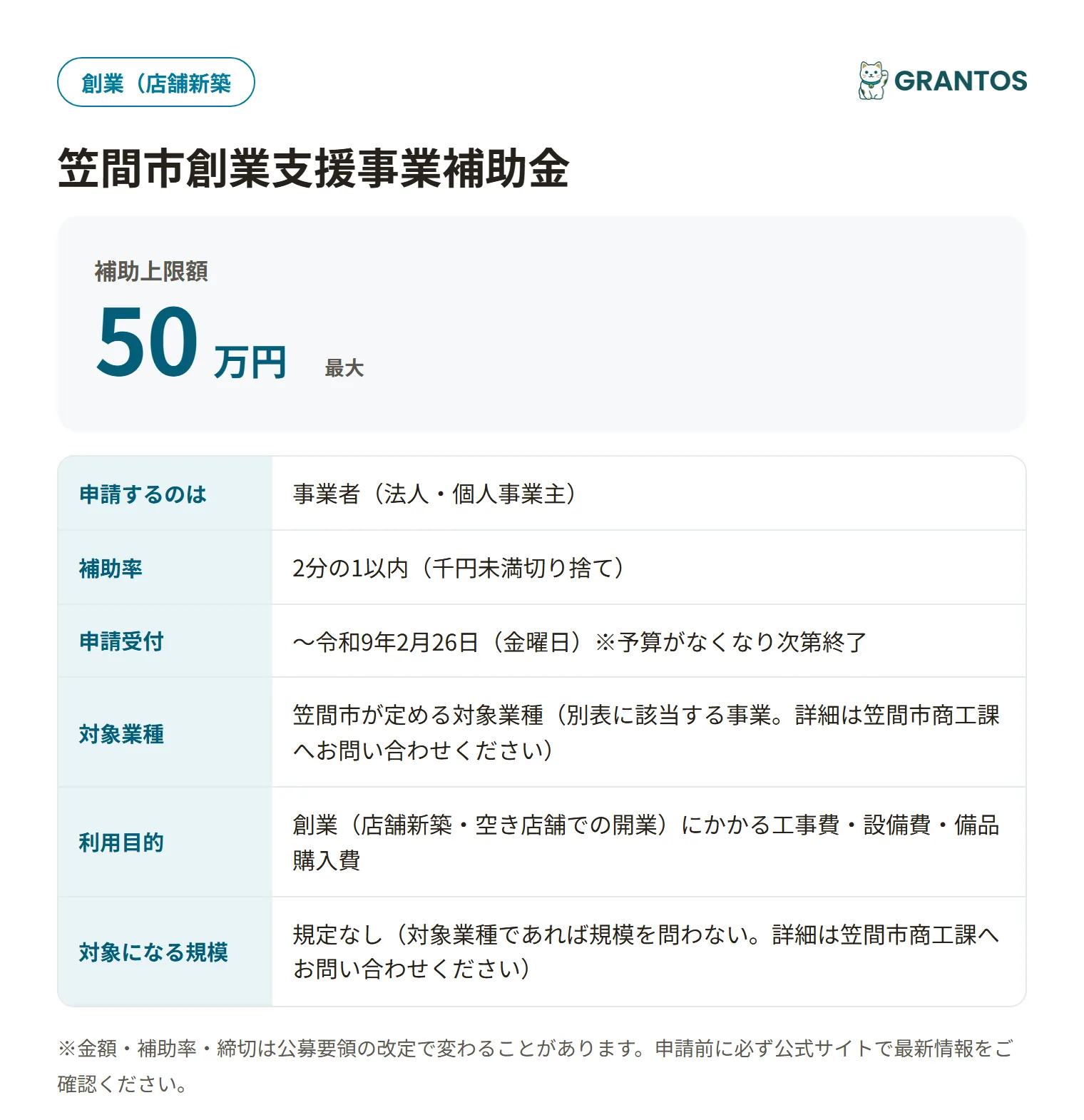 笠間市創業支援事業補助金の対象・補助率・締切の概要