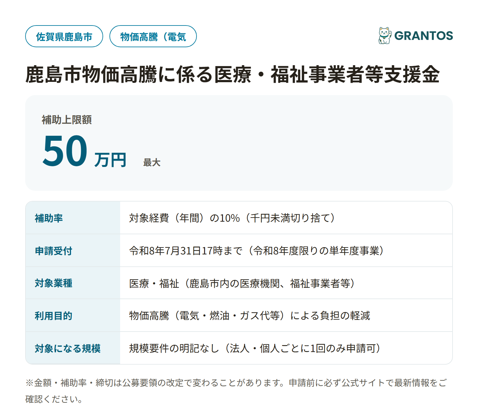 鹿島市物価高騰に係る医療・福祉事業者等支援金の対象・金額・締切の概要