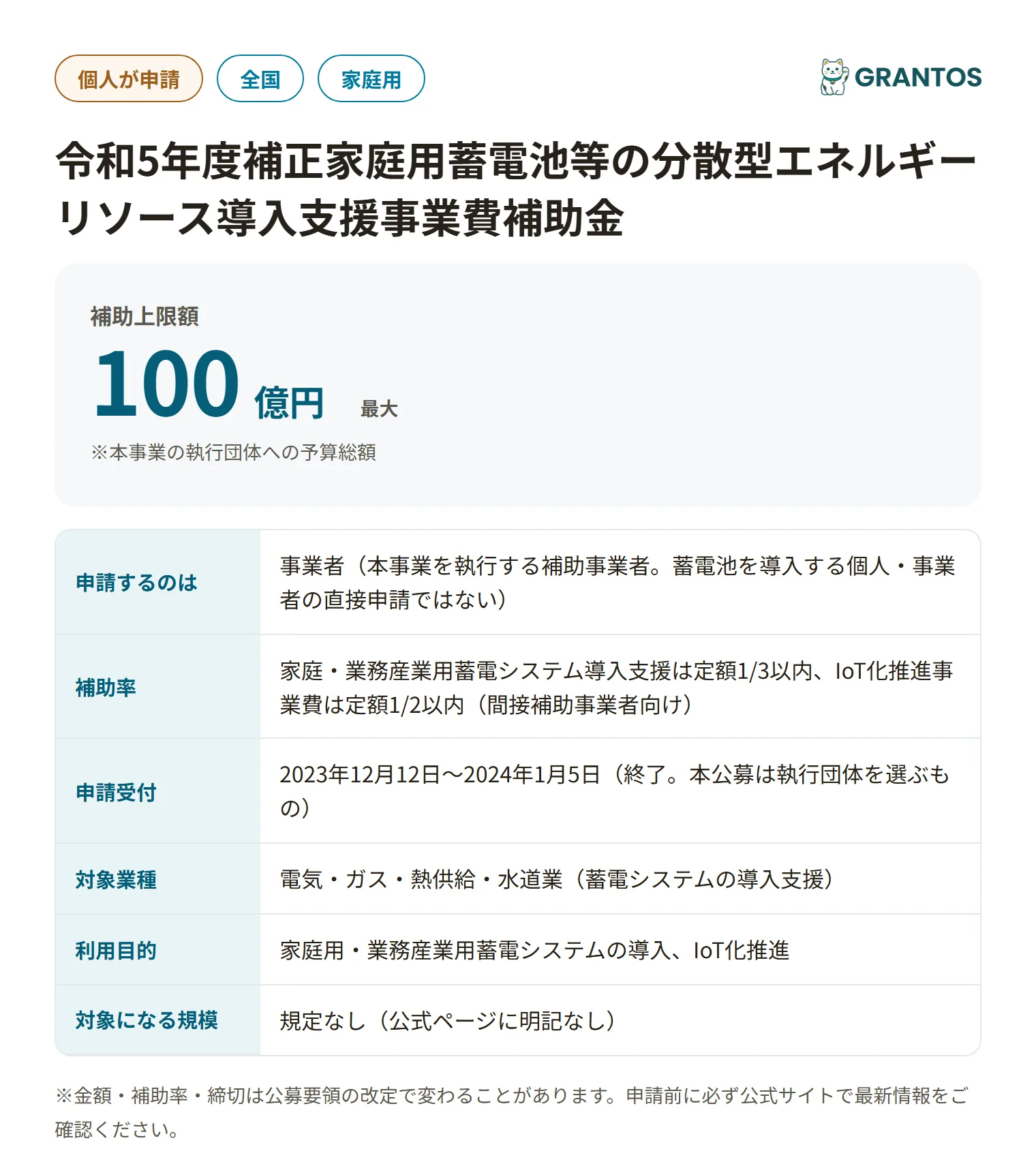 家庭用蓄電池等の分散型エネルギーリソース導入支援事業費補助金の対象・金額・締切の概要