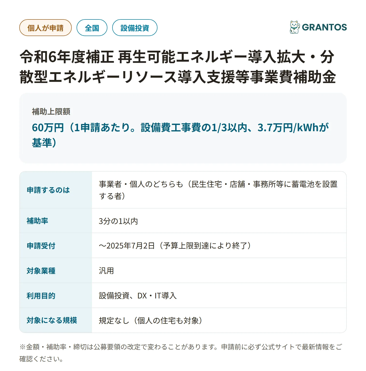 DRリソース導入のための家庭用蓄電システム導入支援事業の対象・金額・締切の概要