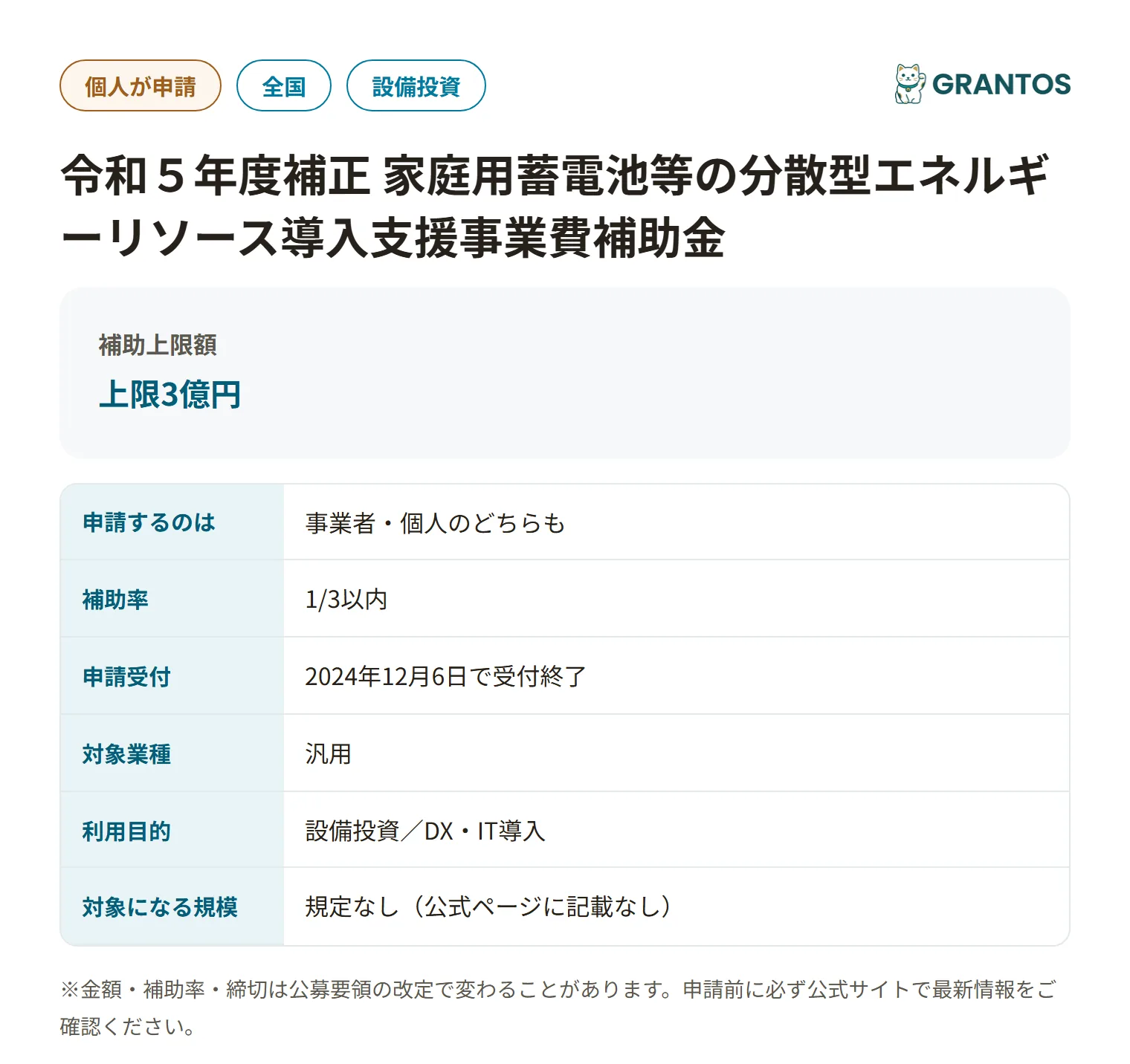 家庭・業務産業用蓄電システム導入支援事業の対象・金額・締切の概要