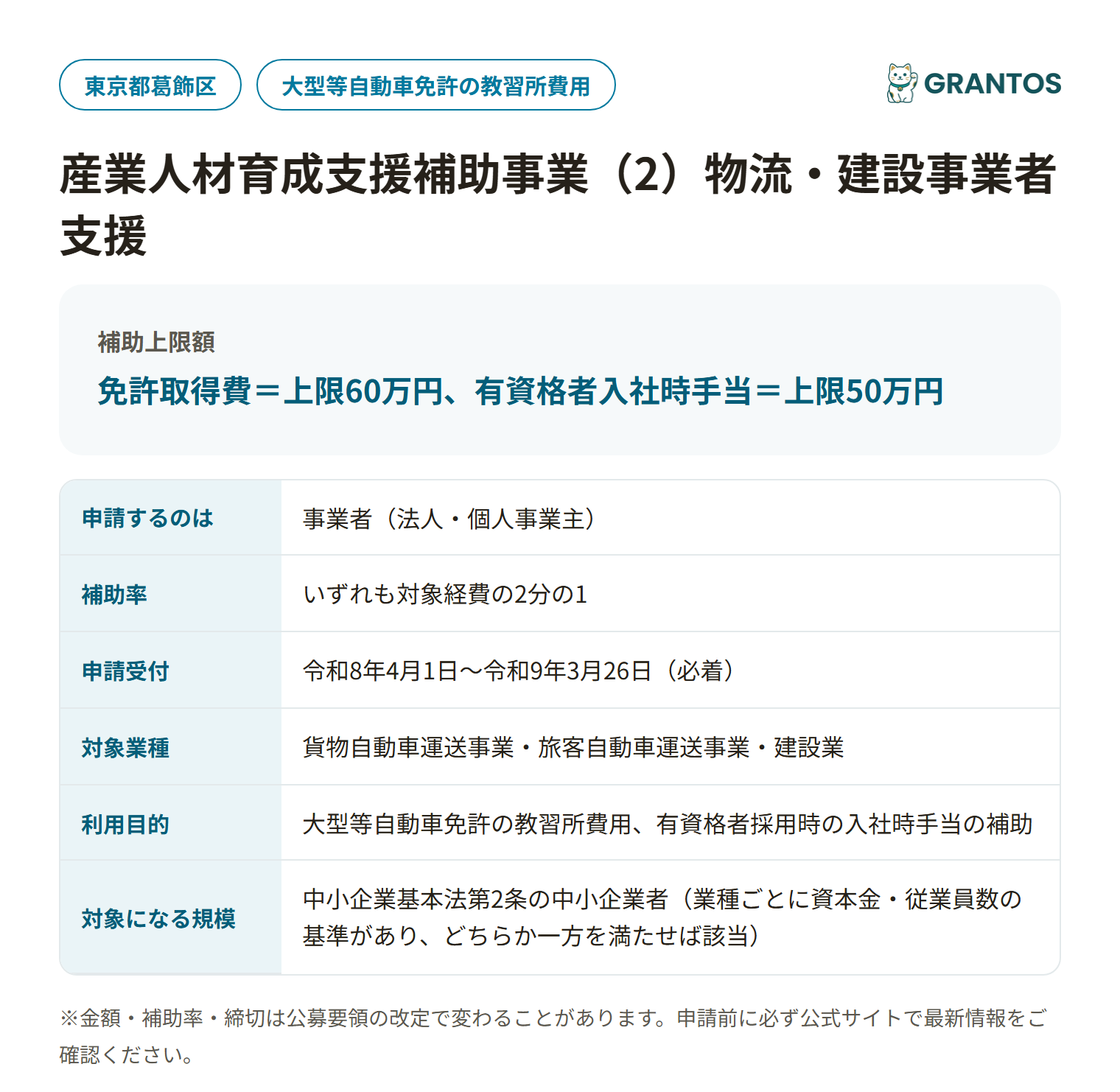 産業人材育成支援補助事業(2)物流・建設事業者支援の対象・金額・締切の概要