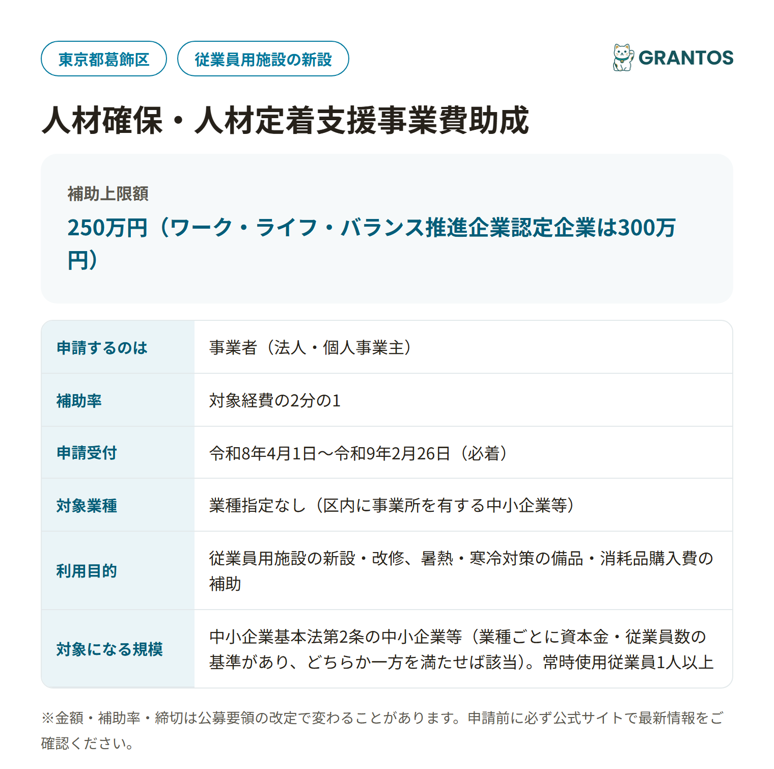 人材確保・人材定着支援事業費助成の対象・金額・締切の概要