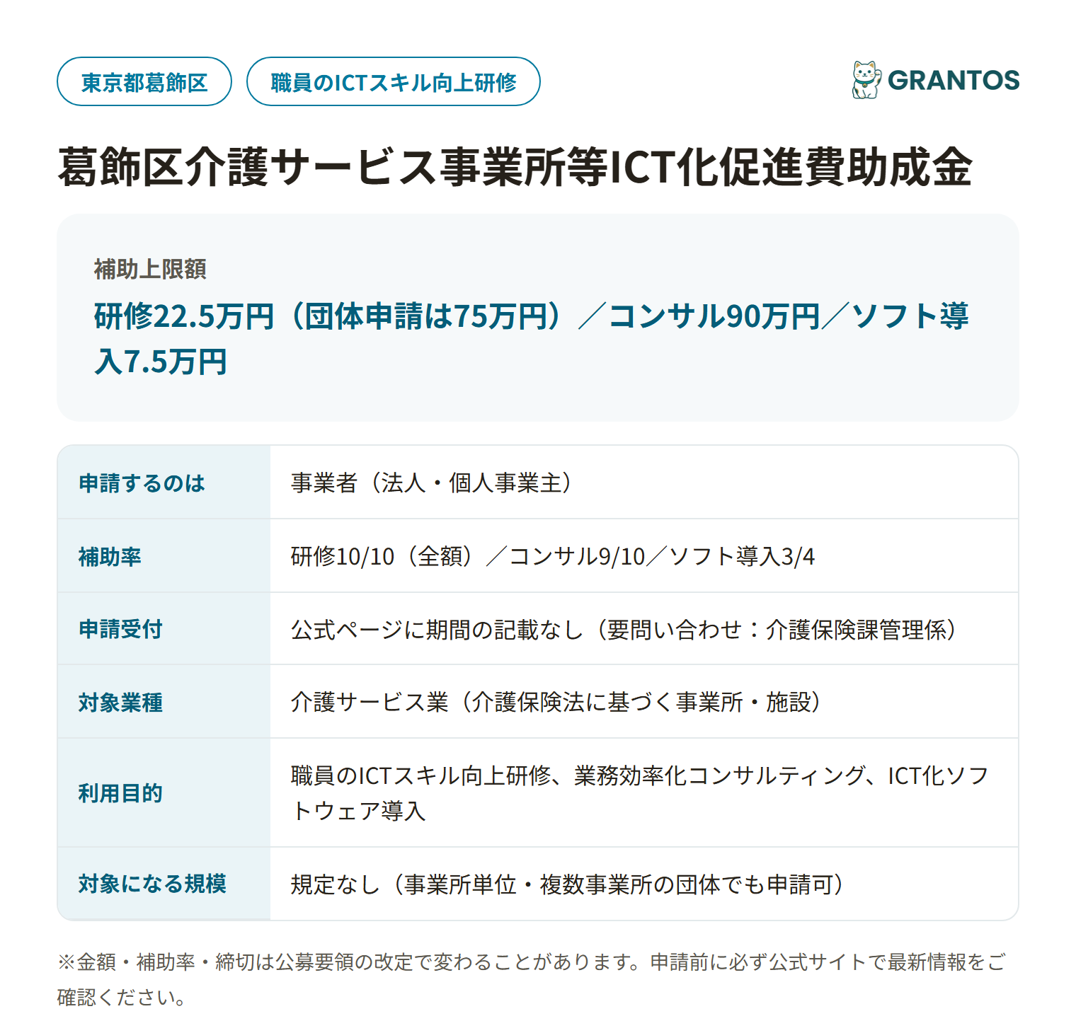 葛飾区介護サービス事業所等ICT化促進費助成金の対象・金額・締切の概要