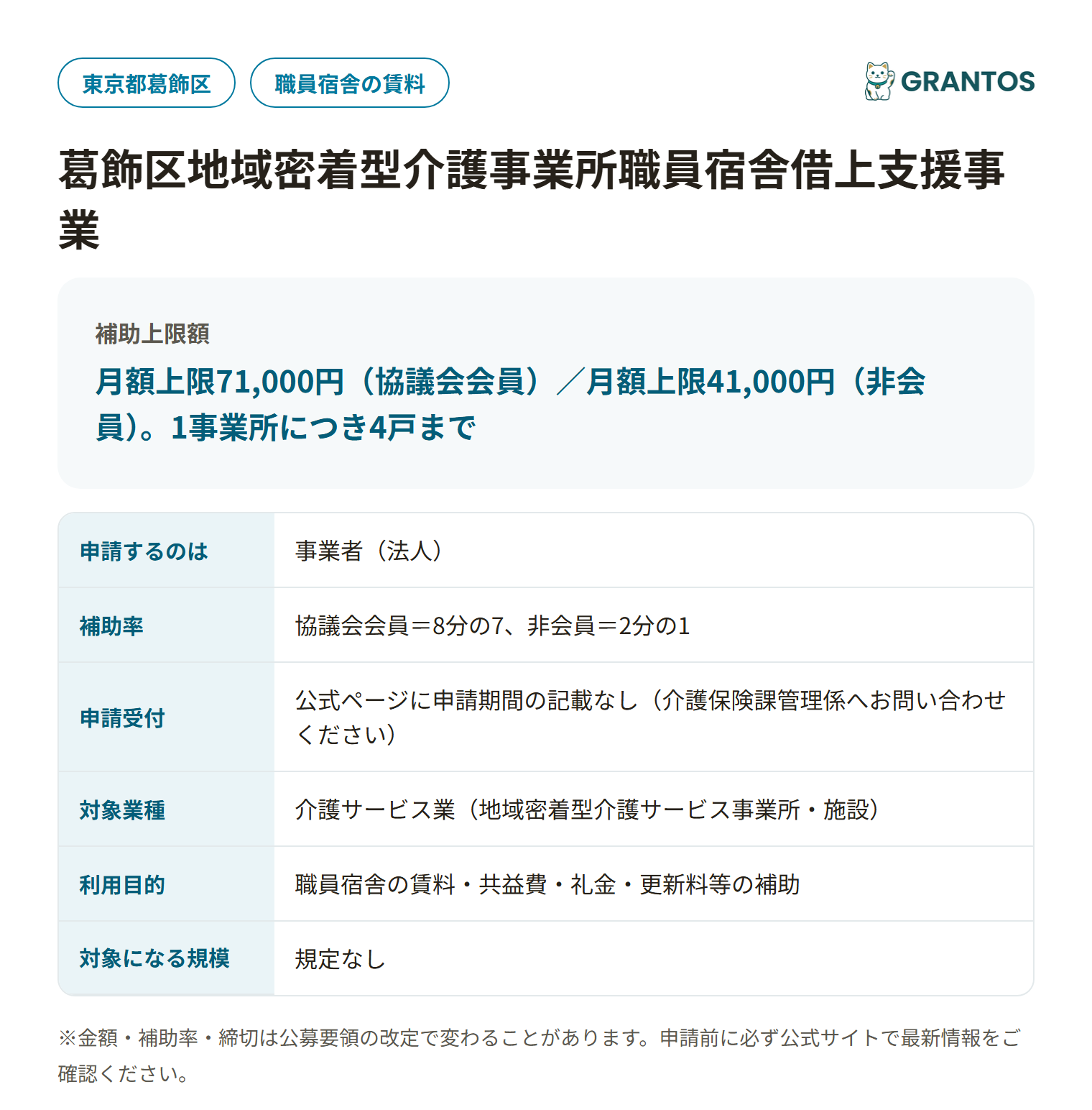 地域密着型介護事業所職員宿舎借上支援事業の対象・金額・締切の概要