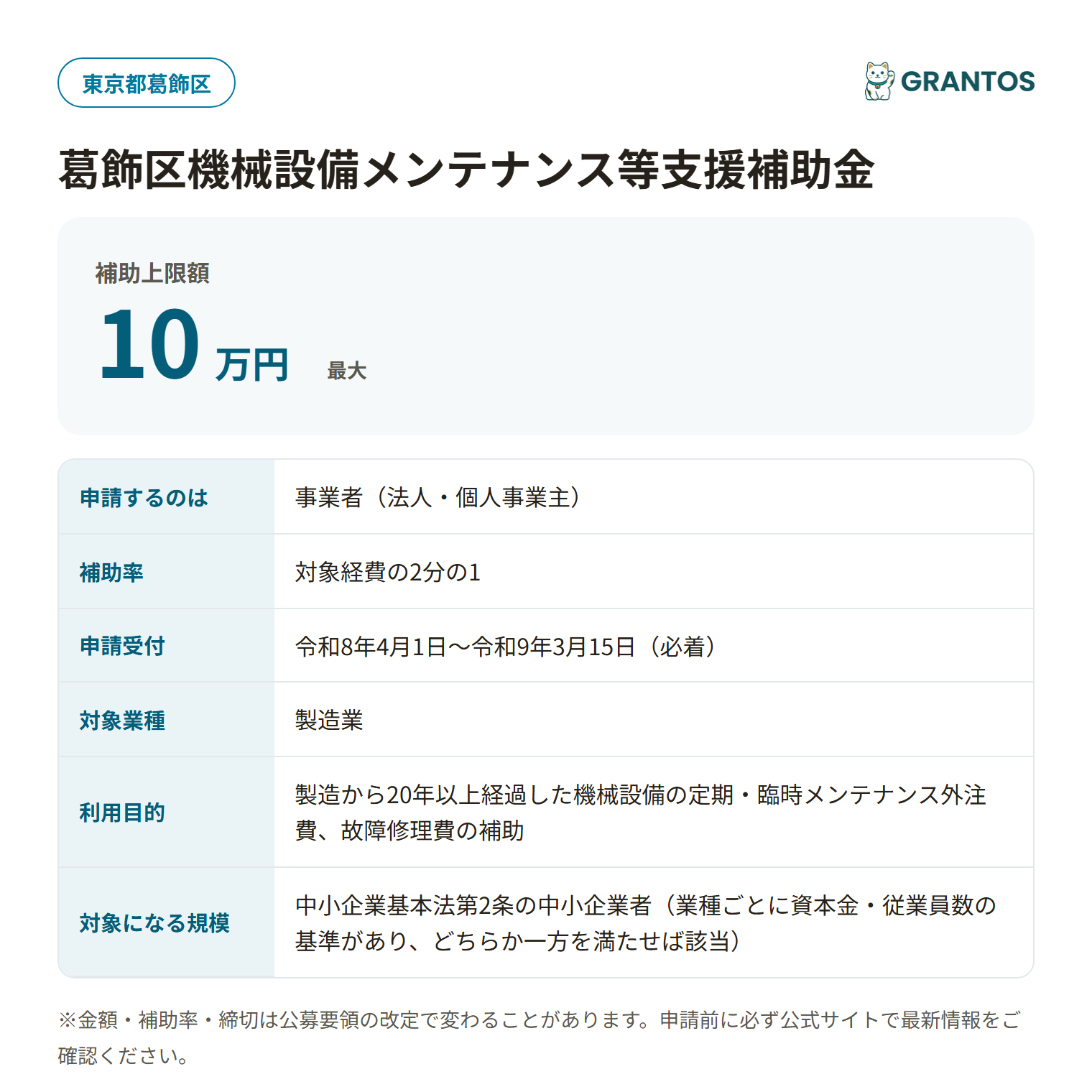 機械設備メンテナンス等助成の対象・金額・締切の概要