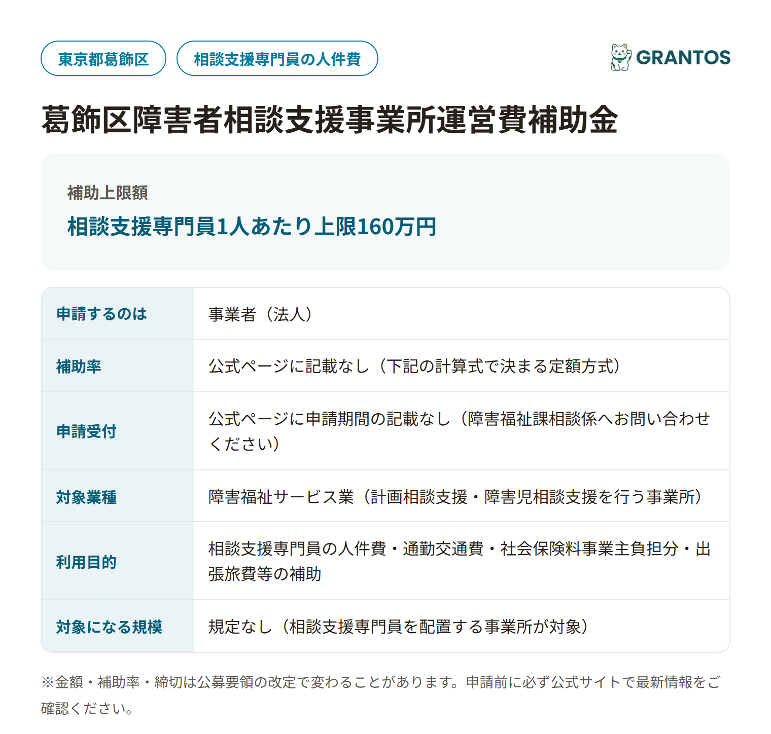障害者相談支援事業所運営費補助金の対象・金額・締切の概要