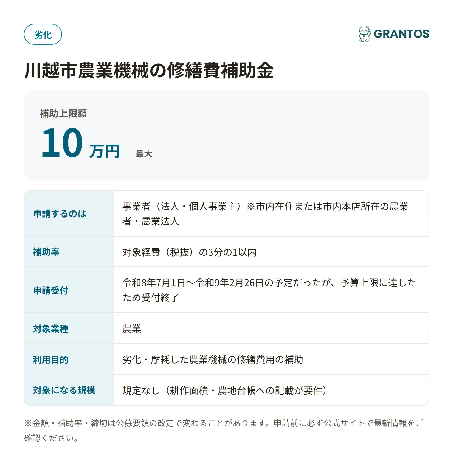 川越市農業機械の修繕費補助金の対象・金額・締切の概要