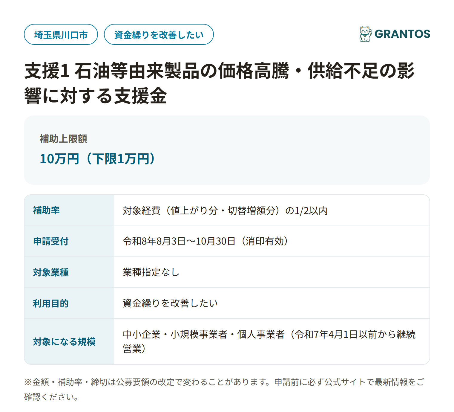 支援1 石油等由来製品の価格高騰・供給不足の影響に対する支援金の対象・金額・締切の概要