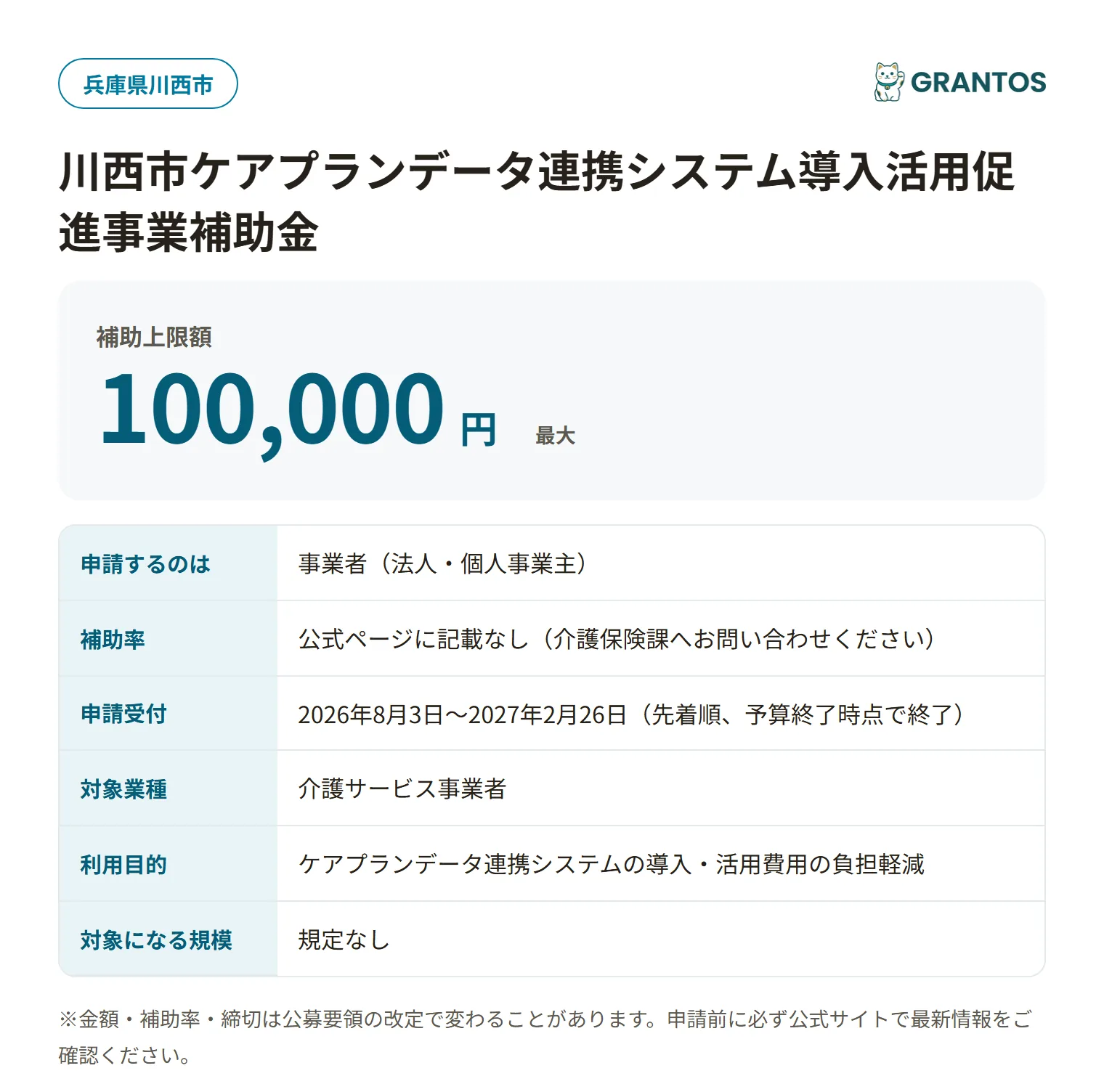 川西市ケアプランデータ連携システム導入活用促進事業補助金の対象・金額・締切の概要