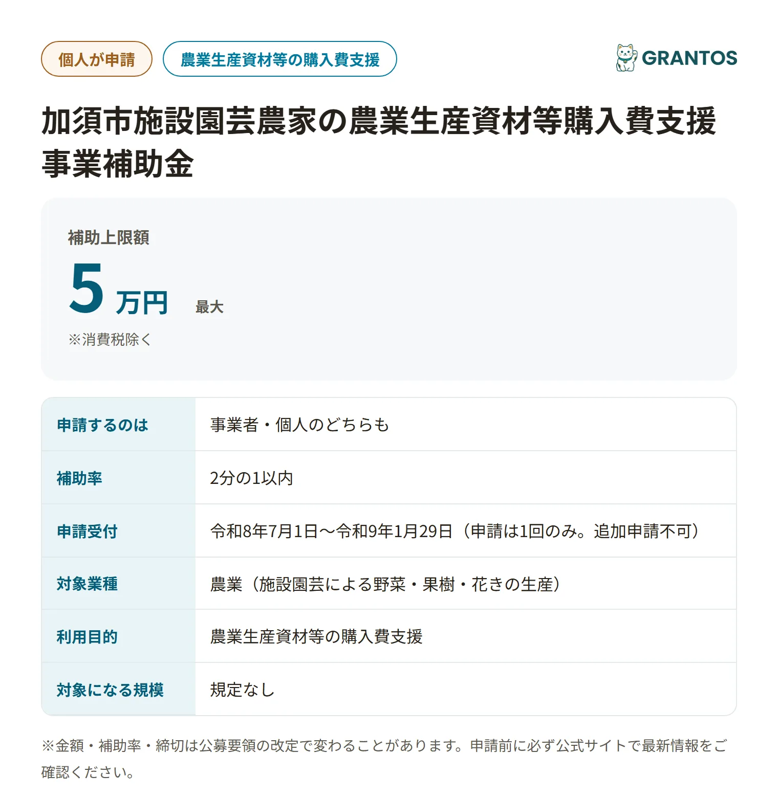 加須市施設園芸農家資材購入費支援の対象・金額・締切の概要