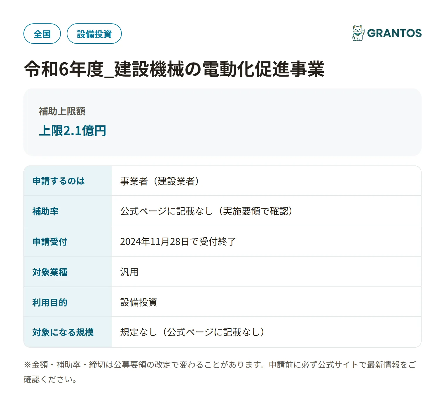 建設機械の電動化促進事業の対象・金額・締切の概要