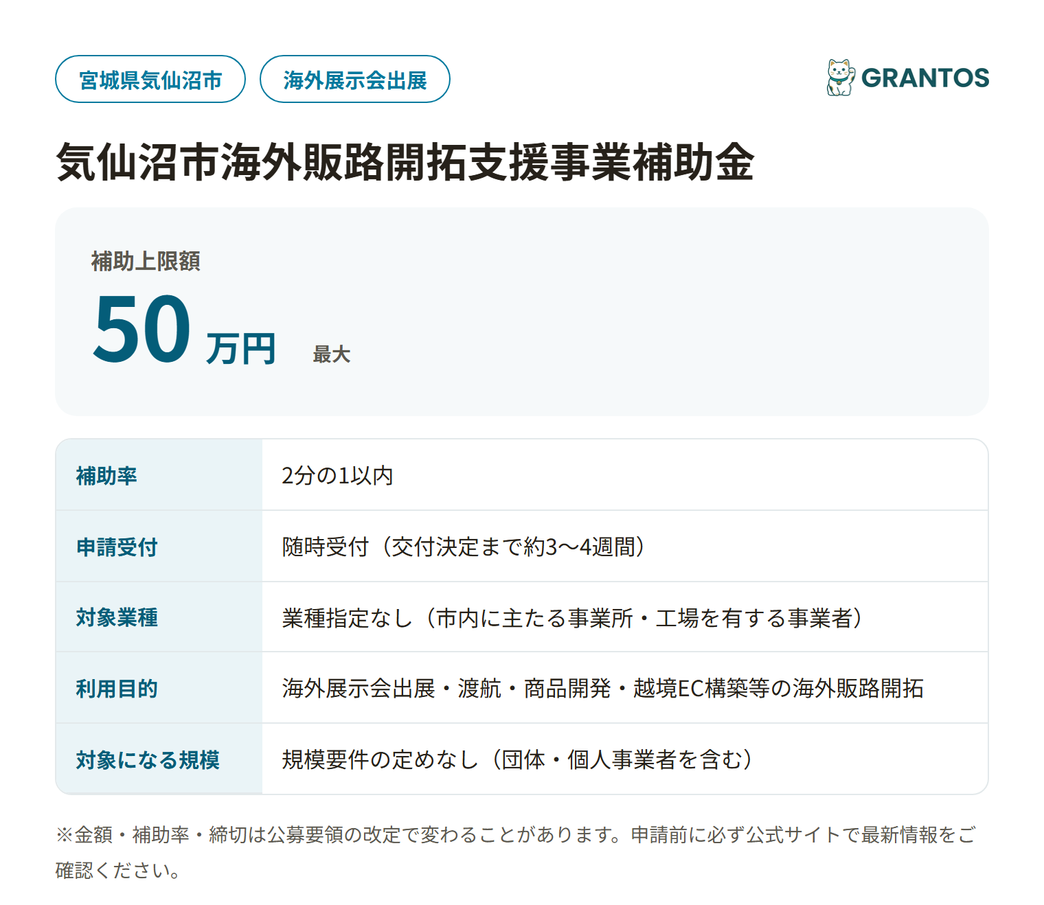 気仙沼市海外販路開拓支援事業補助金の対象・金額・締切の概要