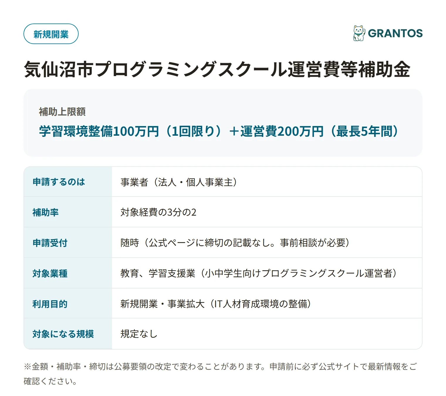 気仙沼市プログラミングスクール運営費等補助金の対象・金額・締切の概要