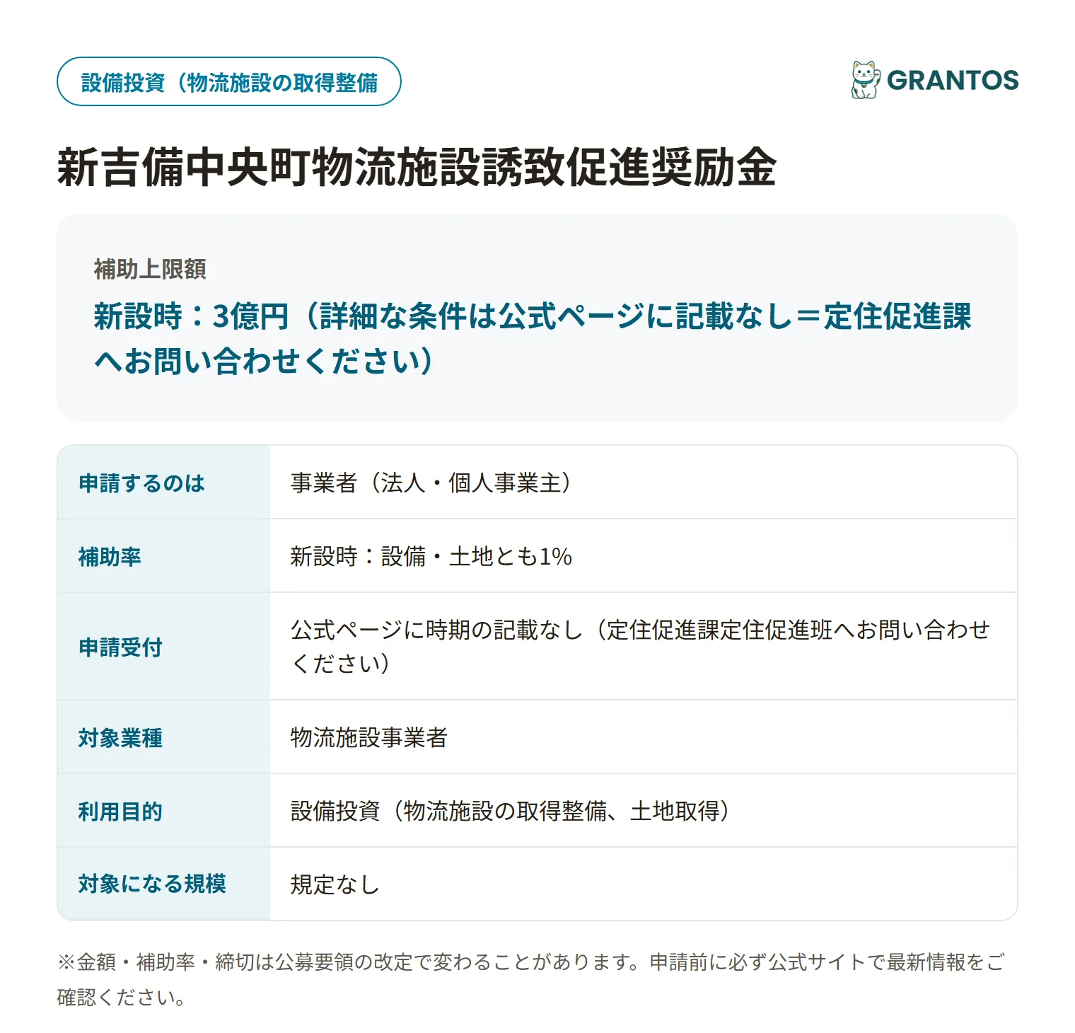新吉備中央町物流施設誘致促進奨励金の対象・金額・締切の概要