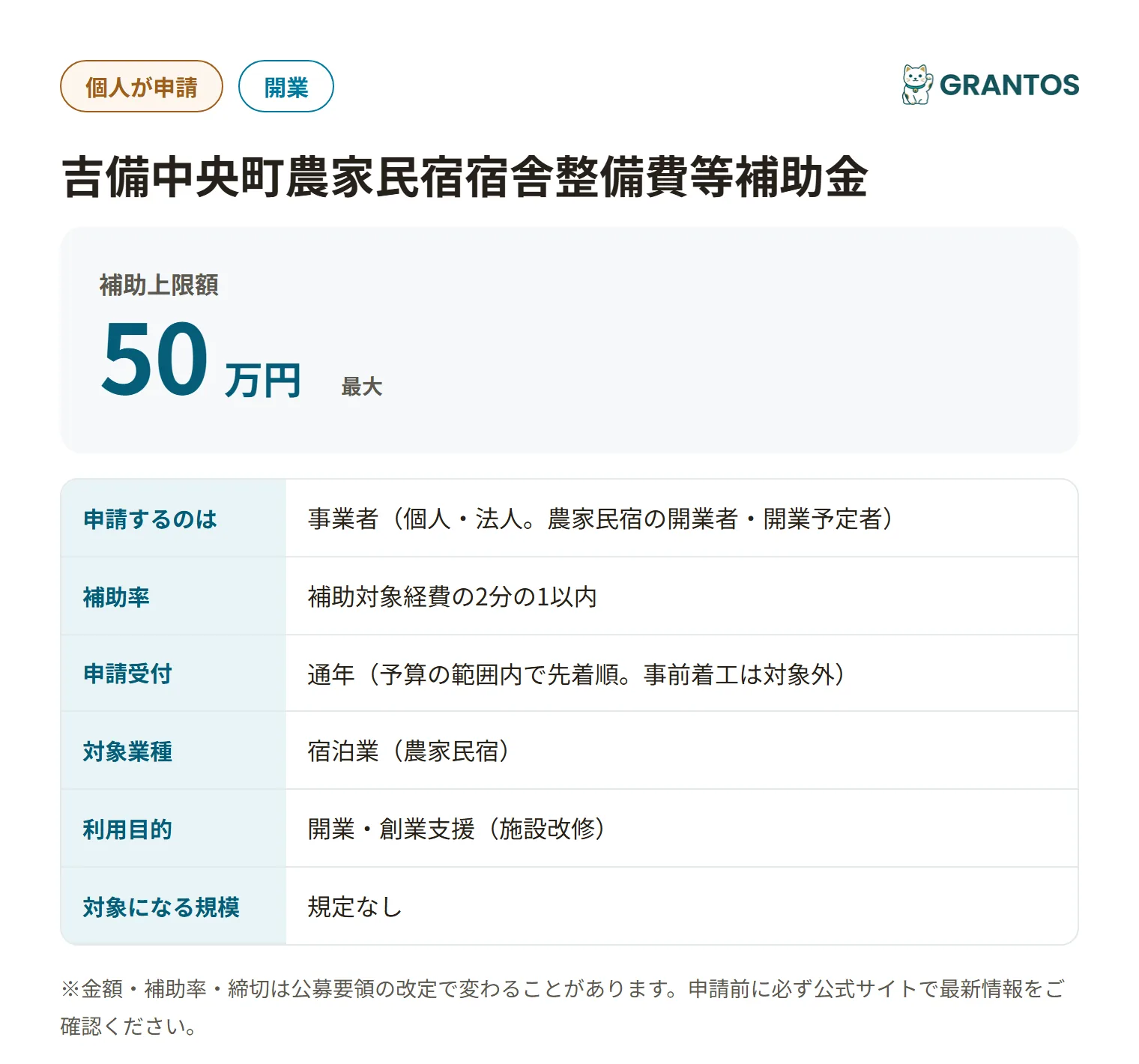 吉備中央町農家民宿宿舎整備費等補助金の対象・金額・締切の概要