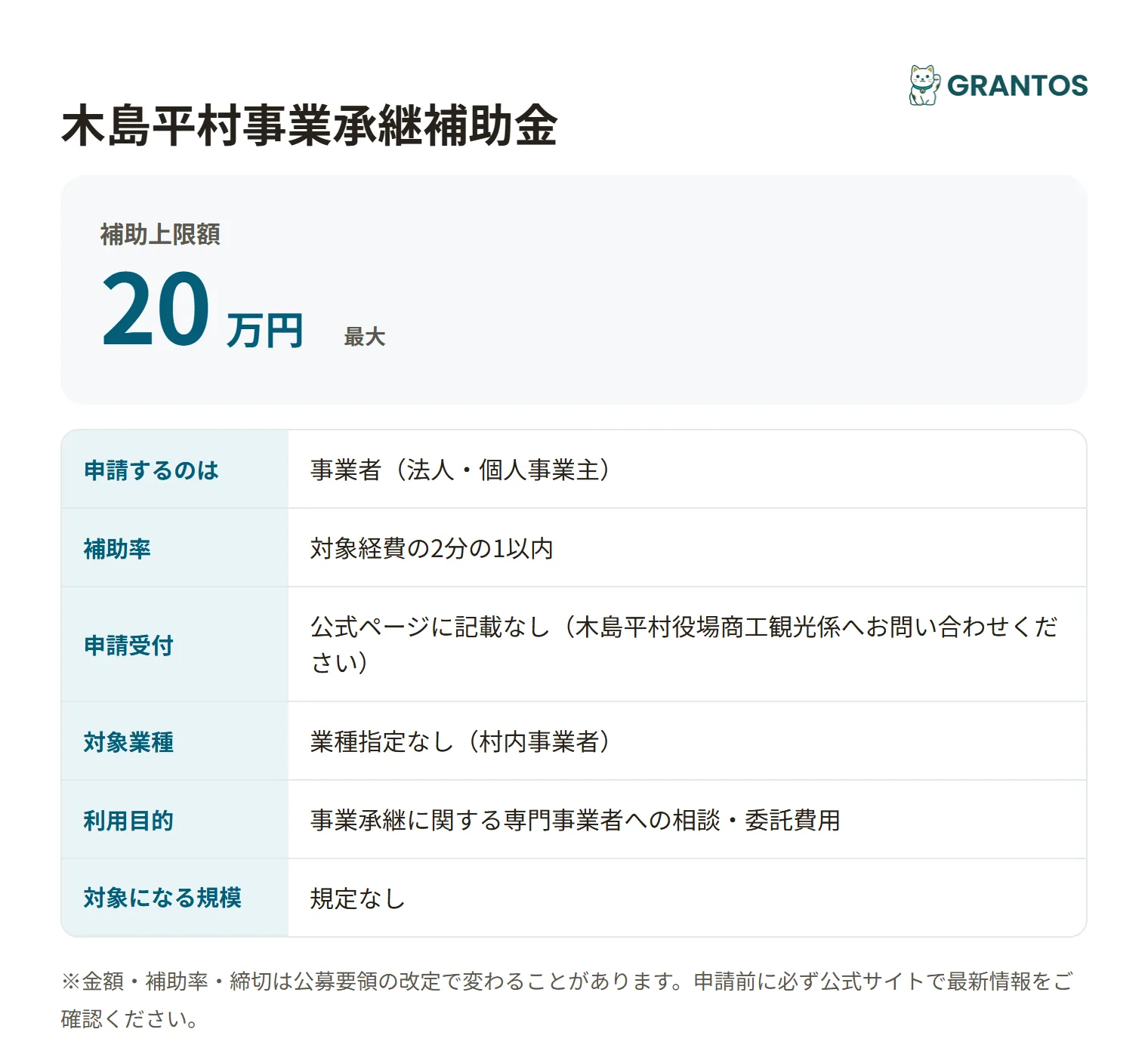 木島平村事業承継補助金の対象・金額・締切の概要