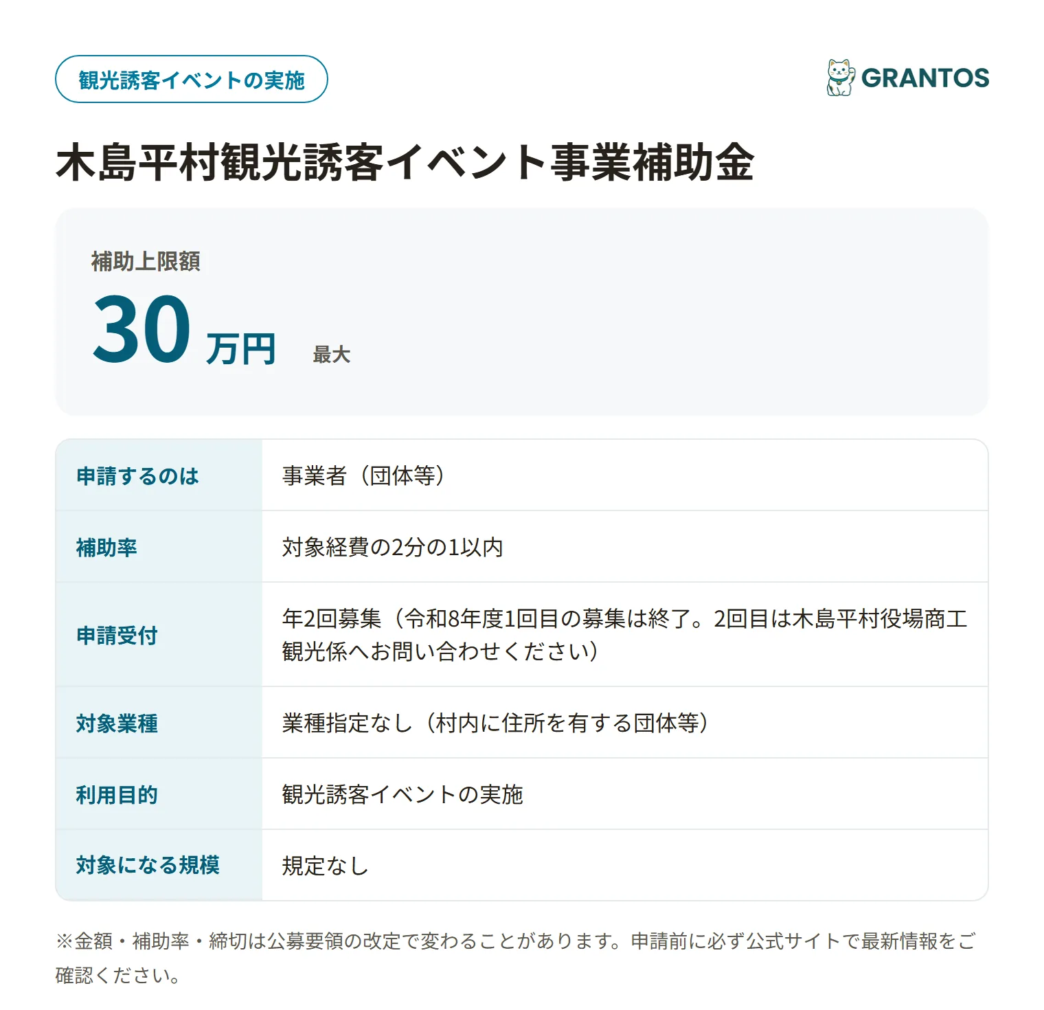 木島平村観光誘客イベント事業補助金の対象・金額・締切の概要