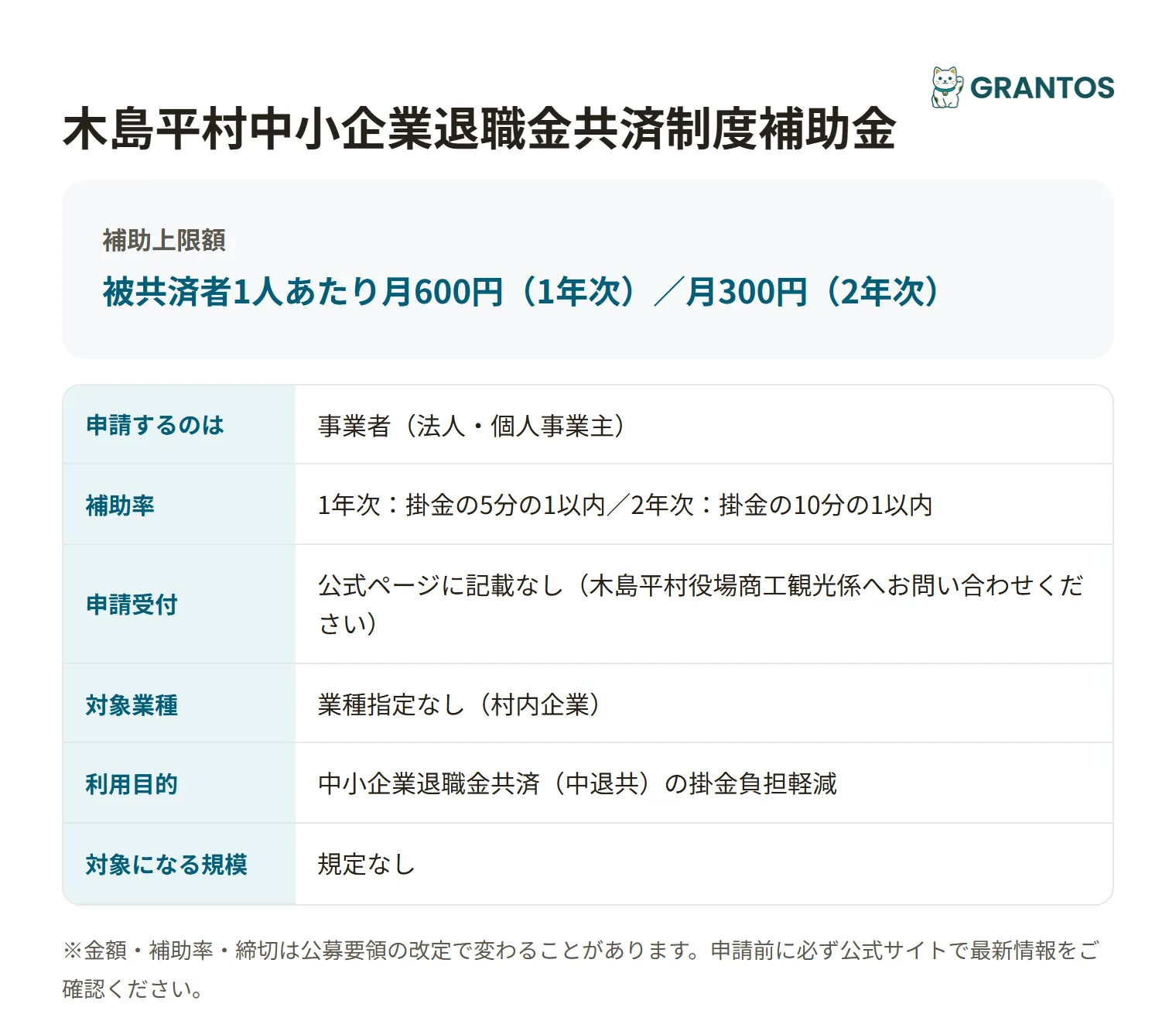 木島平村中小企業退職金共済制度補助金の対象・金額・締切の概要