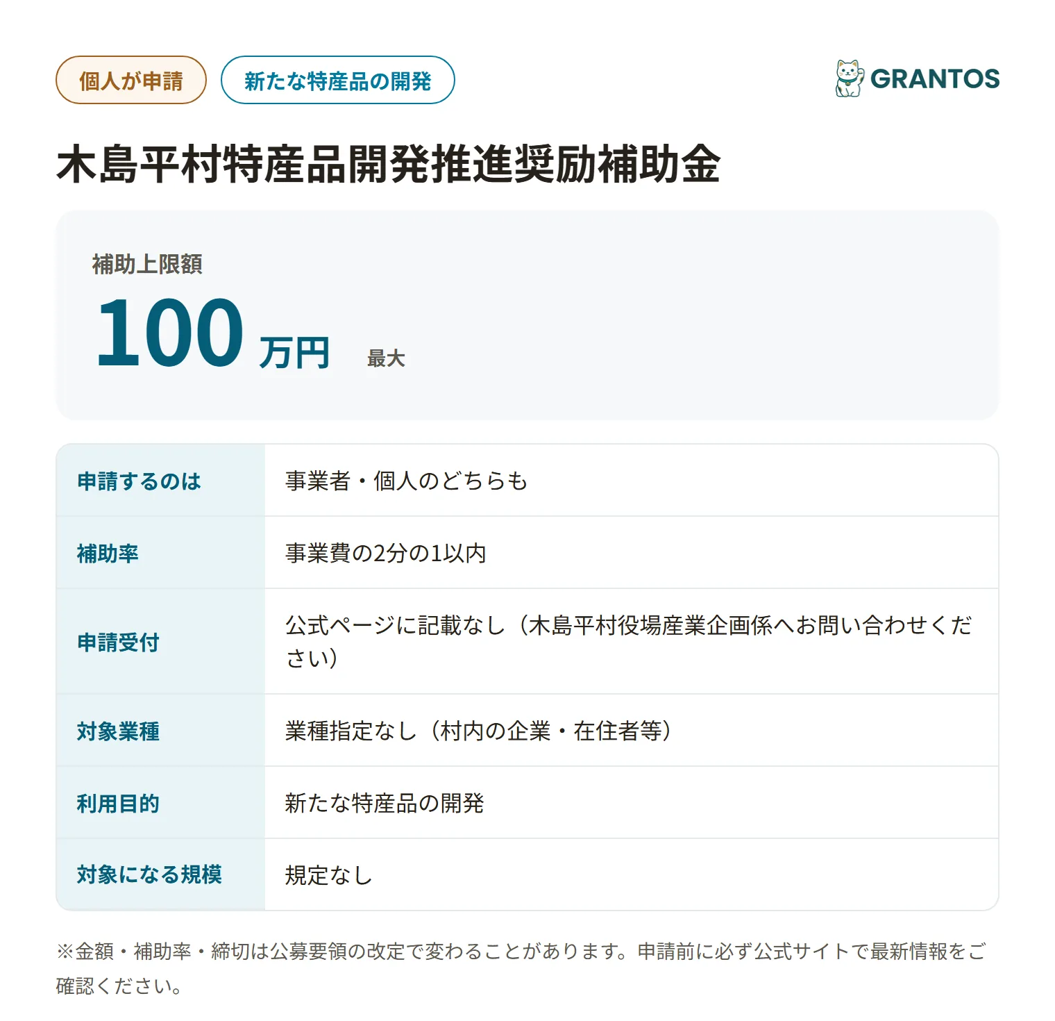 木島平村特産品開発推進奨励補助金の対象・金額・締切の概要