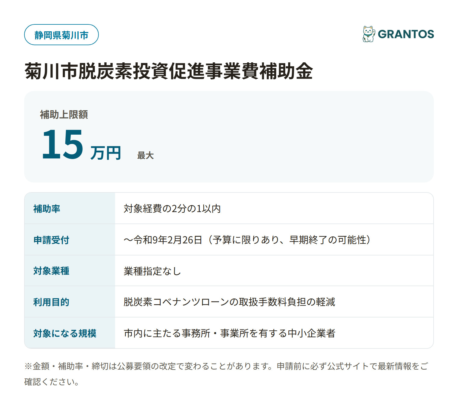 菊川市脱炭素投資促進事業費補助金の概要（対象・金額・締切）