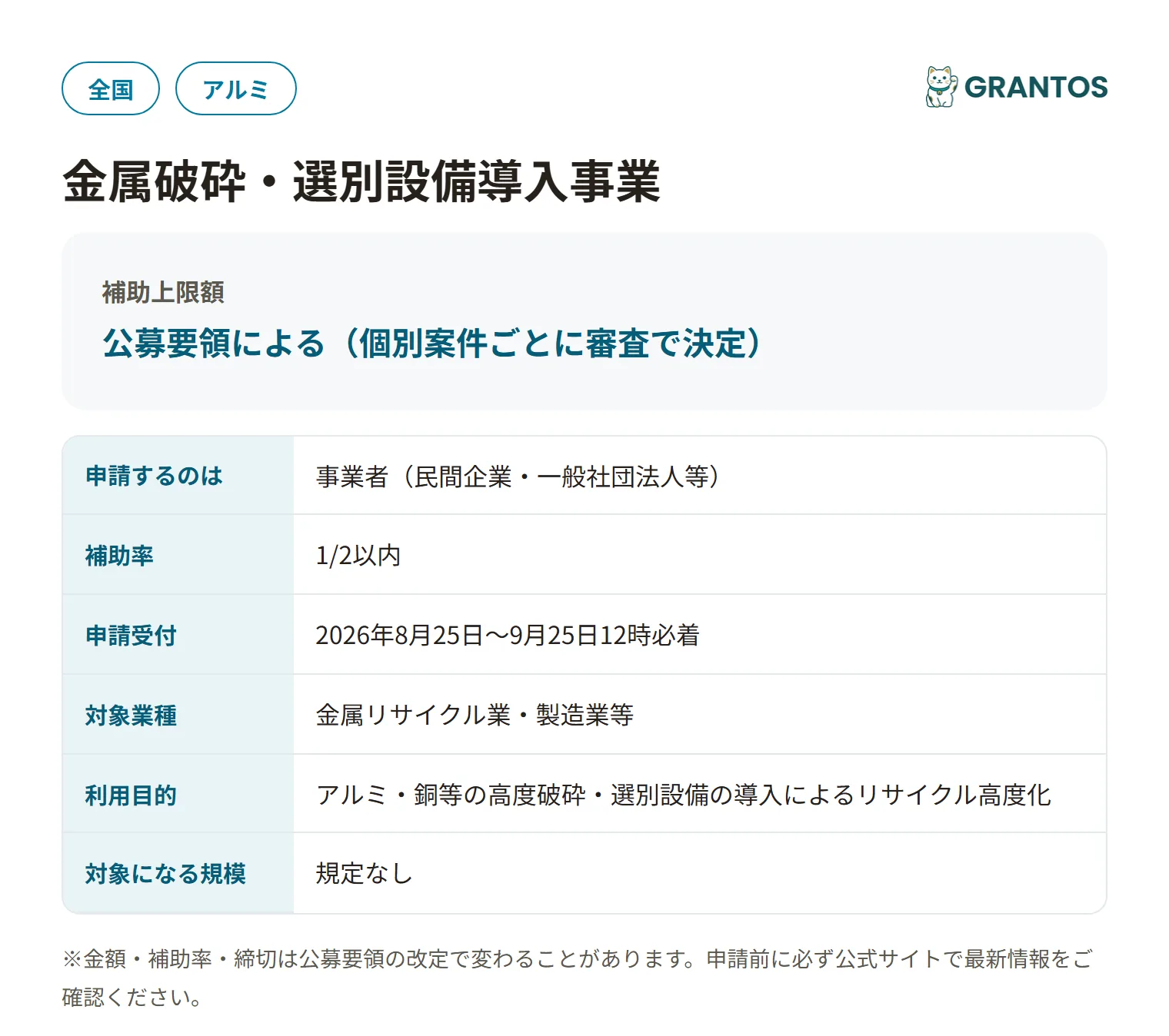 金属破砕・選別設備導入事業の対象・金額・締切の概要