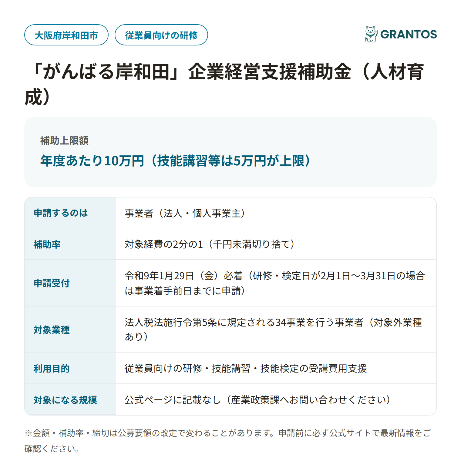 「がんばる岸和田」企業経営支援補助金（人材育成）の対象・金額・締切の概要